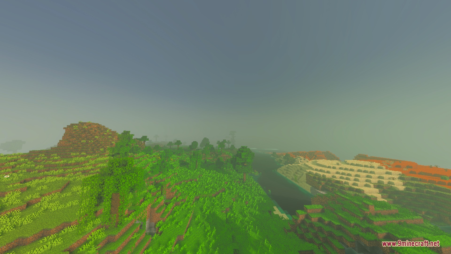 CartoonGlow Shaders Screenshot 4 Lush green hills and a river are covered in soft pastel mist