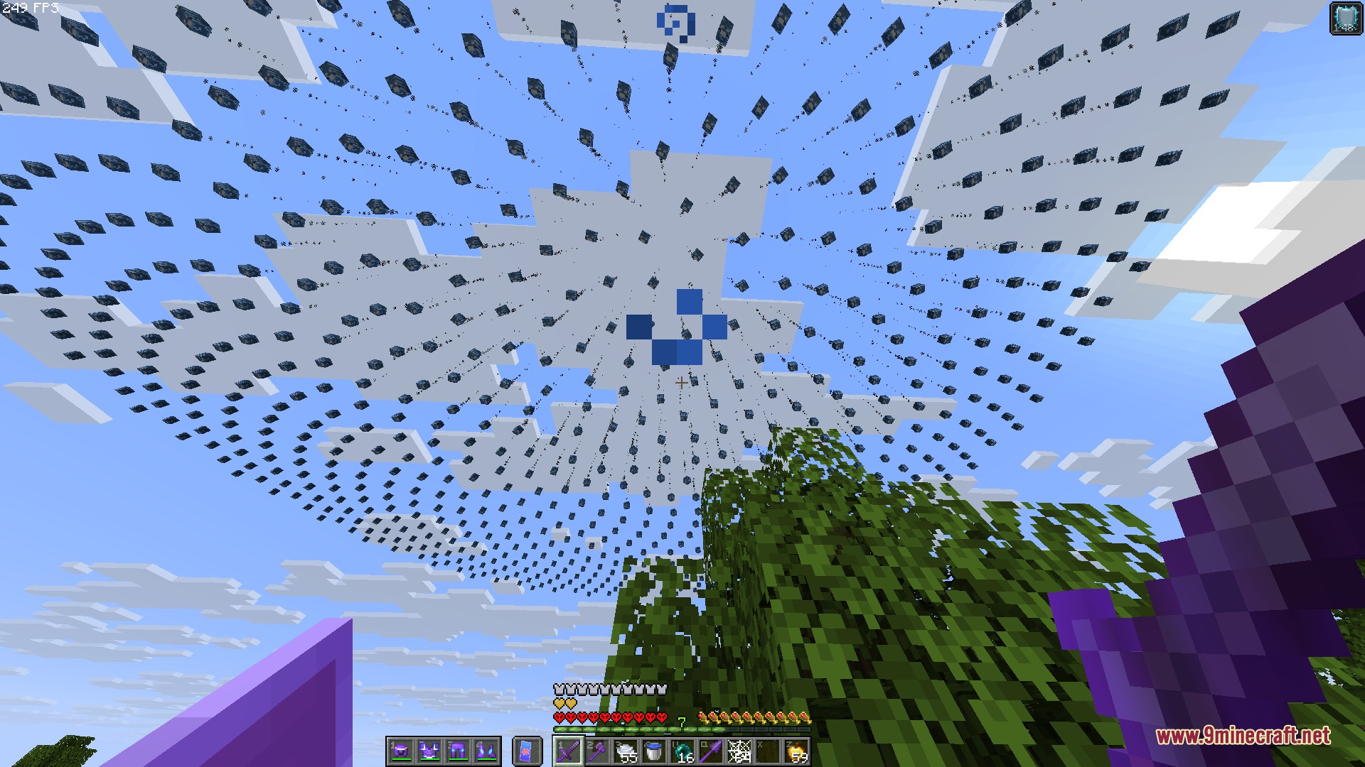 Celestial Artillery Zenith Mod Screenshot 1 A player looks up at massive circular formations of wither skulls in the sky