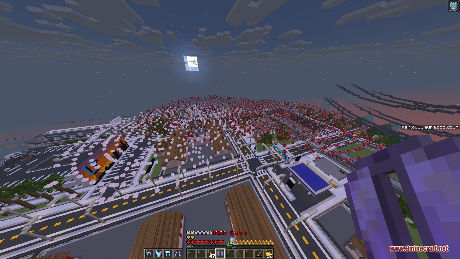Celestial Artillery Zenith Mod Screenshot 2 Red explosive projectiles rain down over a modern city landscape at night