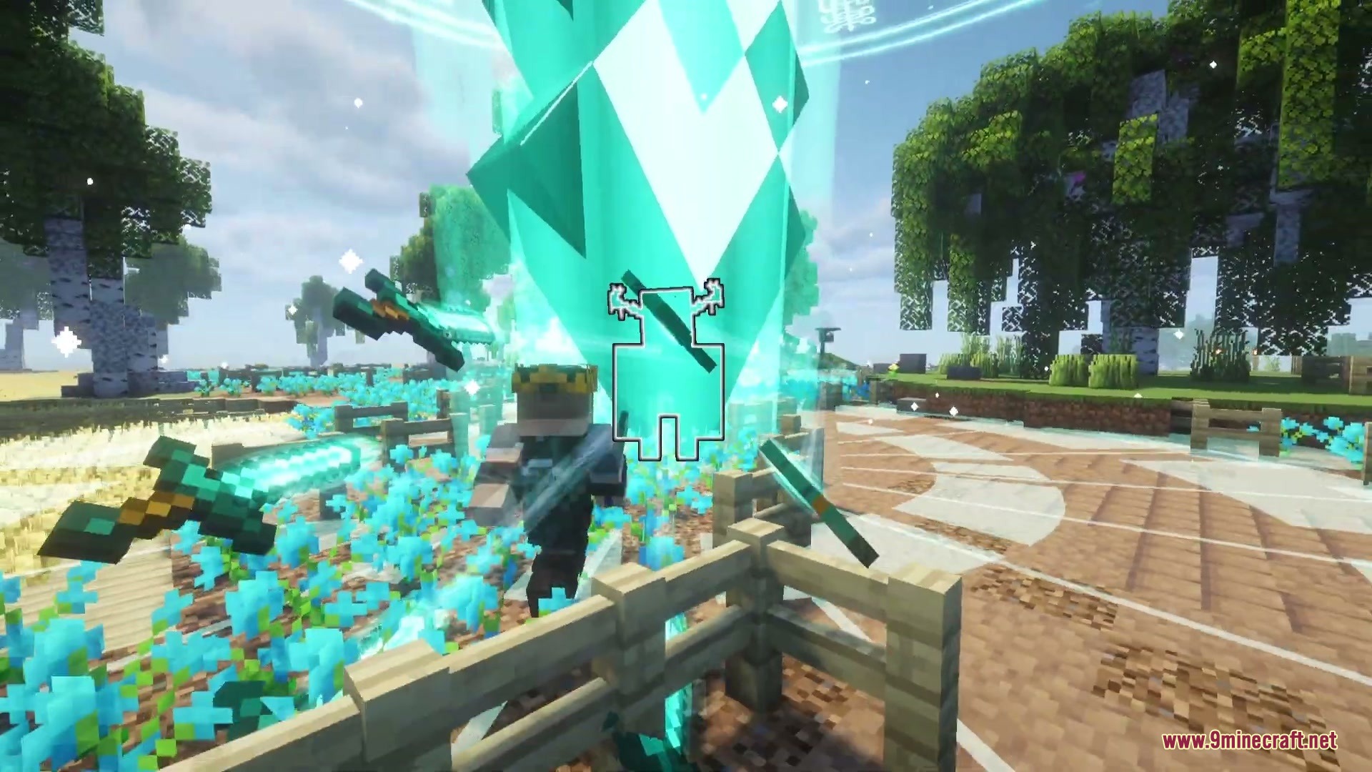 A player character summoning a massive spirit blade from the sky in Minecraft