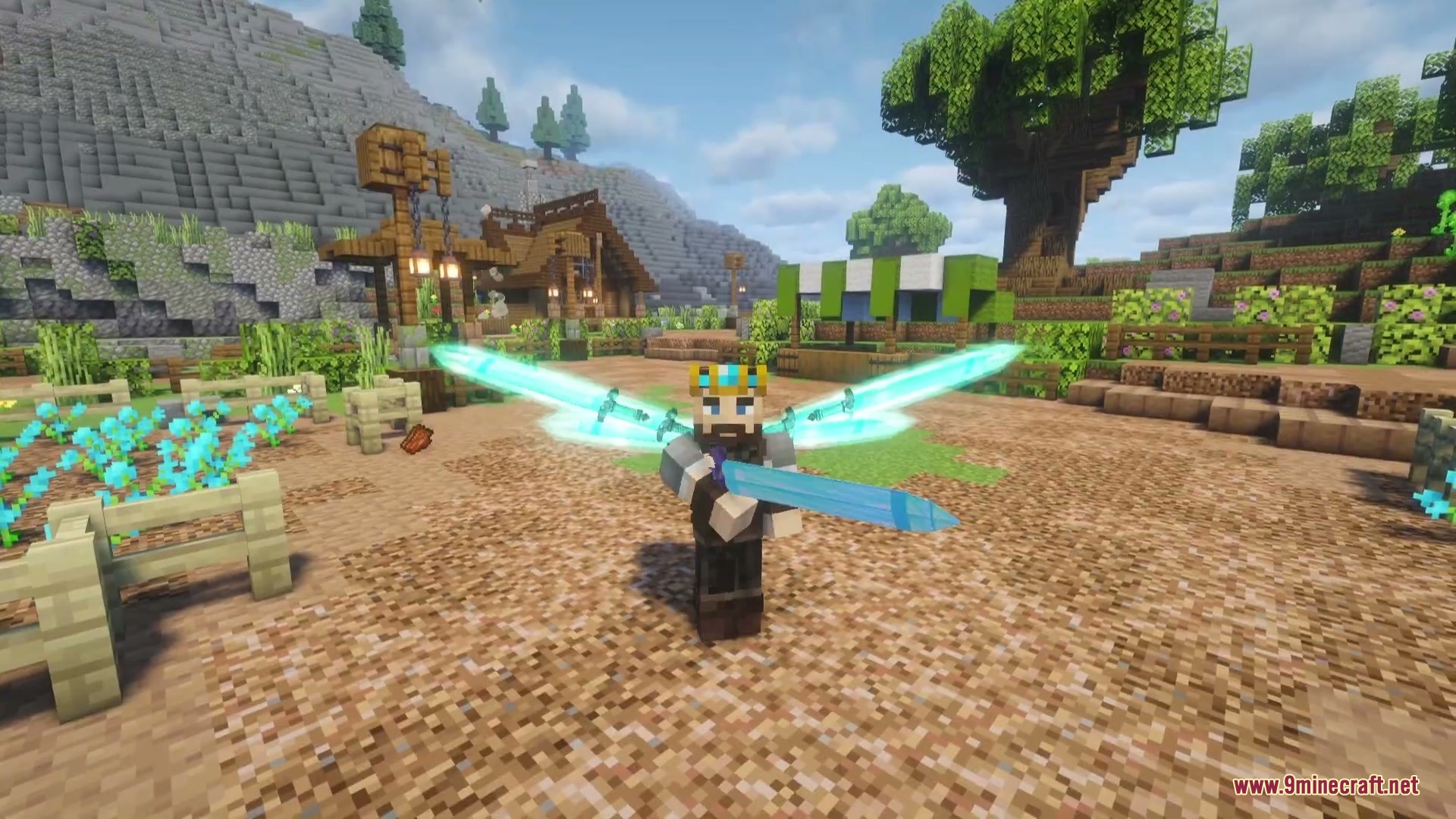 A player with glowing teal swords arranged like wings on their back