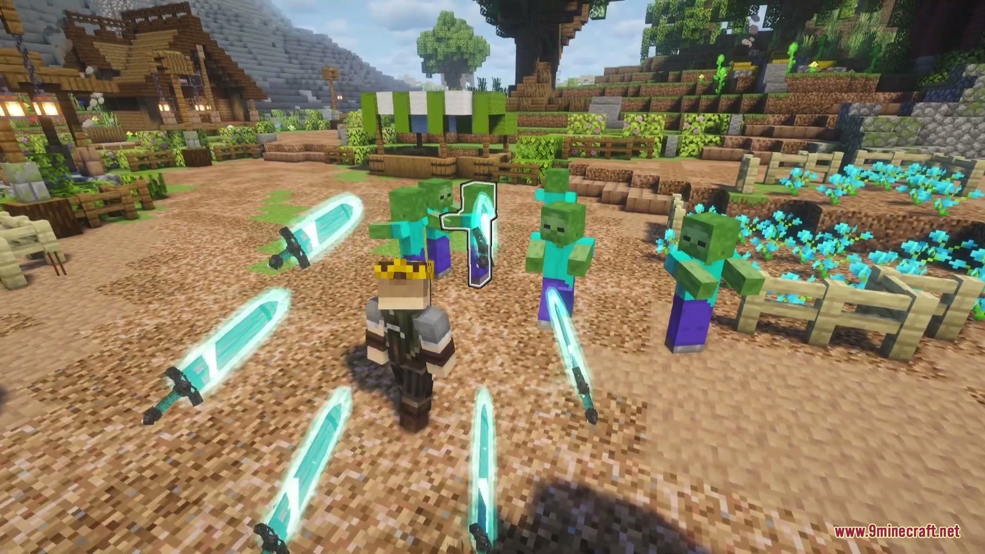 Crowned player character uses glowing floating swords to fight a group of zombies