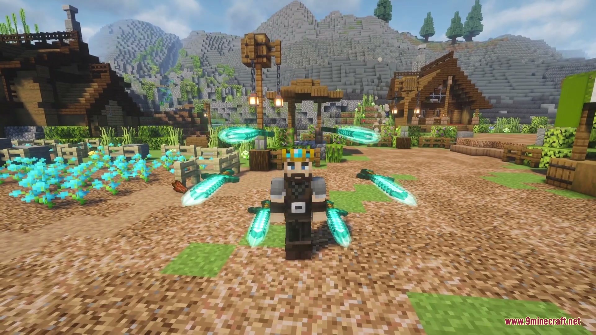 Player character standing with six glowing cyan swords arranged in a fan formation
