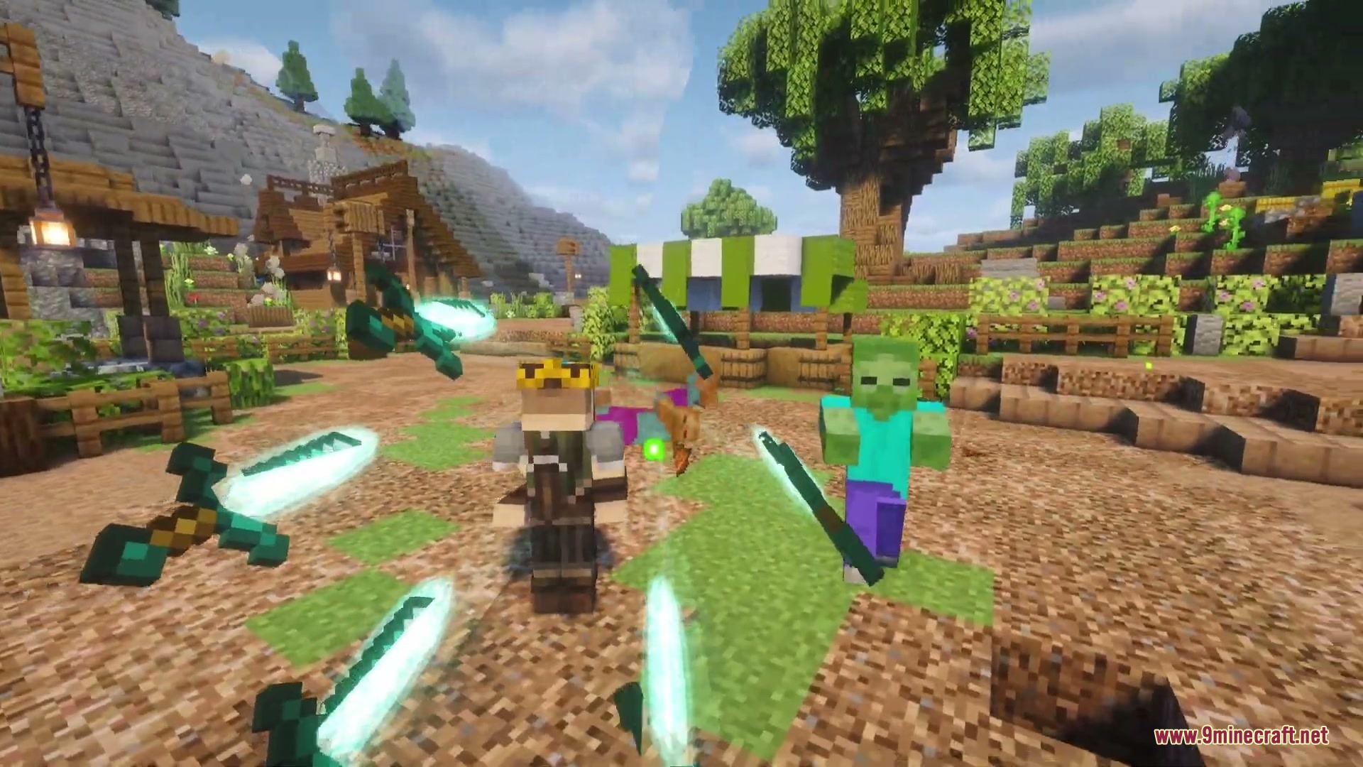 A player character surrounded by multiple floating diamond swords in a formation