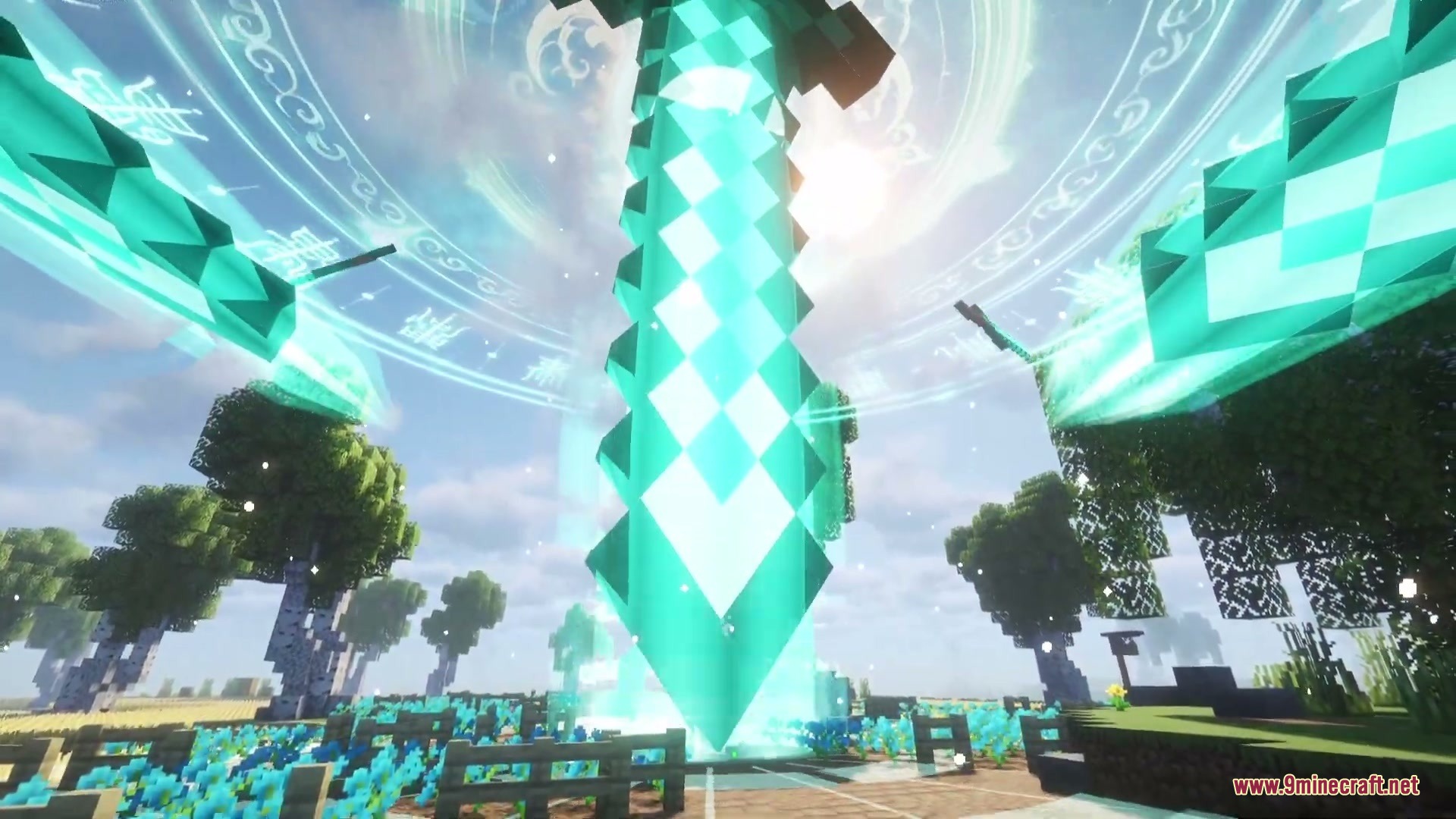 A massive glowing spirit blade descending from a magical blue circular seal