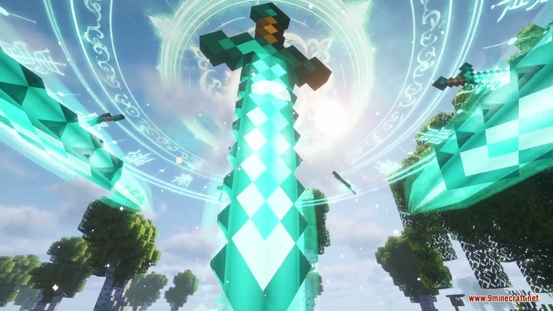 A massive spirit blade descends from a glowing celestial seal in the sky