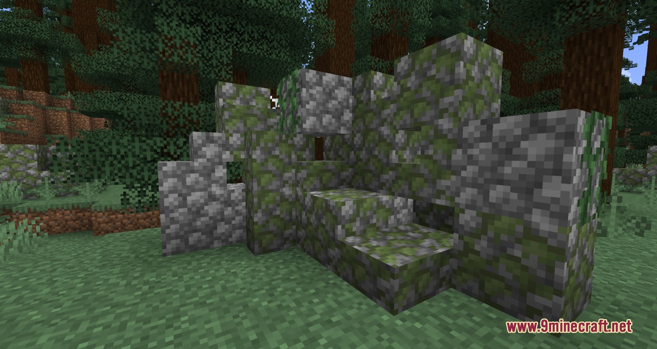 A mossy cobblestone structure stands among tall trees in a green forest biome