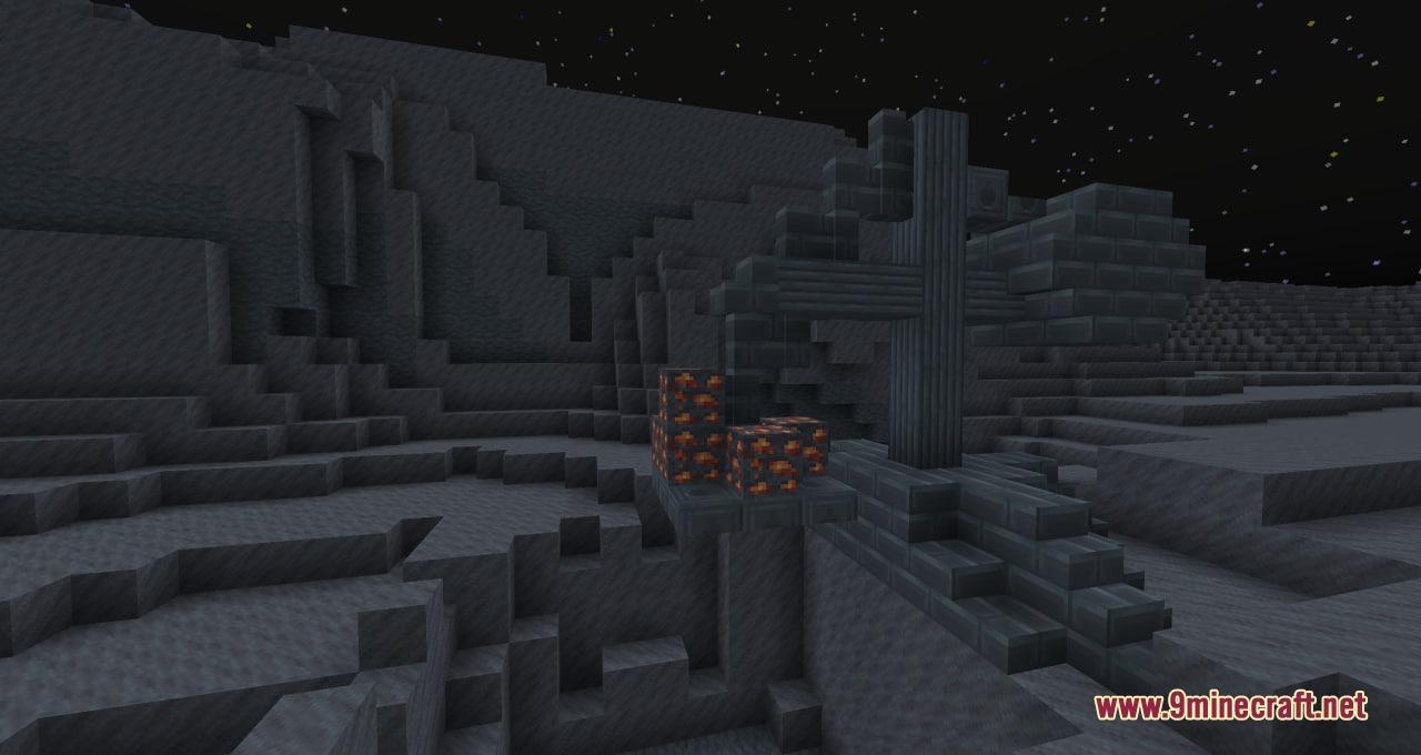Glowing orange ore blocks on a grey moon surface under a starry night sky