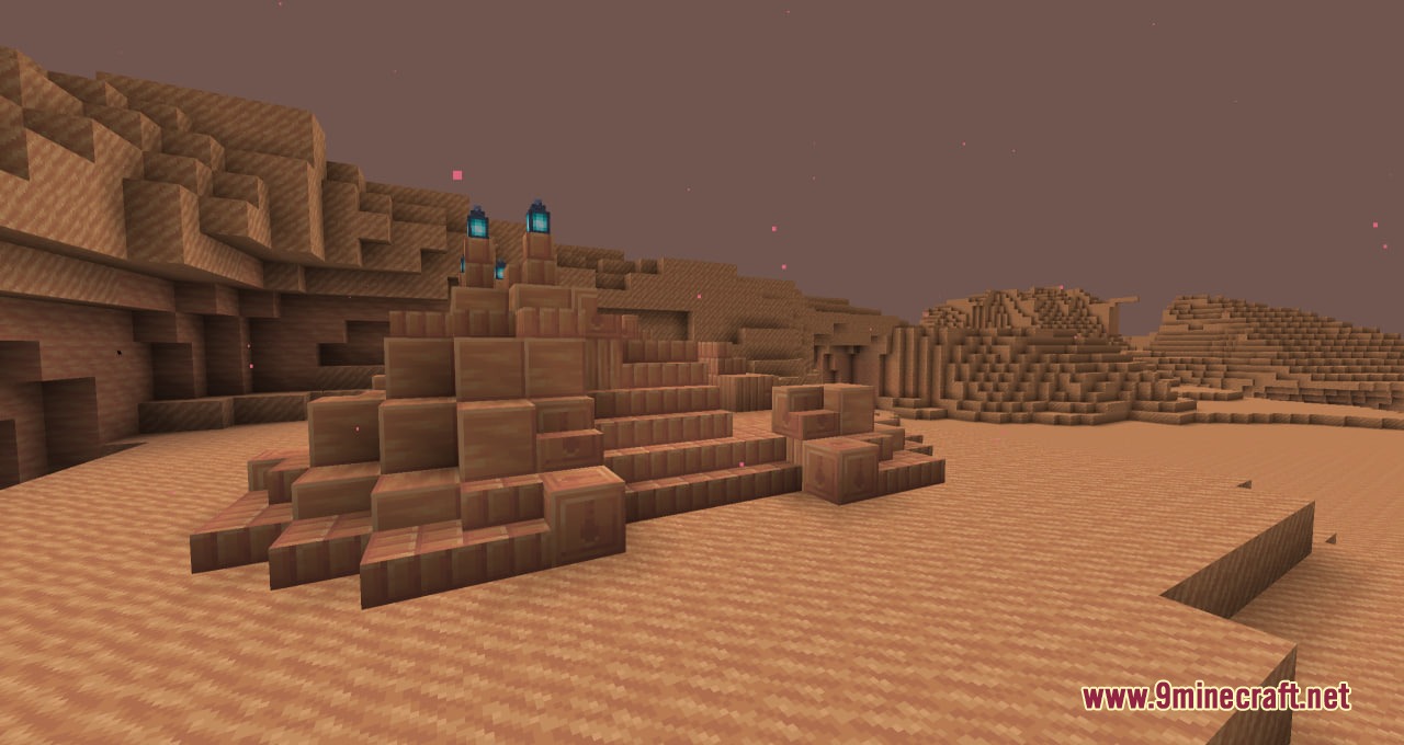 A small copper outpost structure with blue lanterns in a red desert