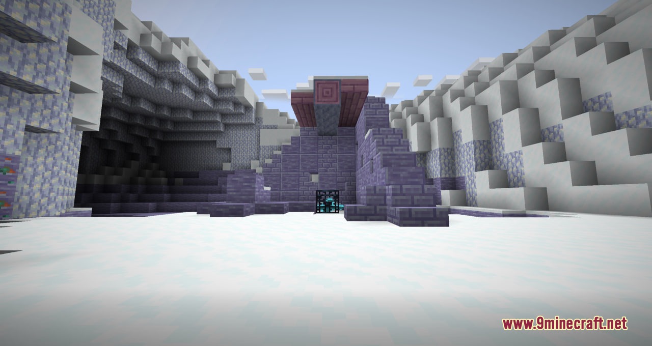 Purple brick structure with a mob spawner located inside a snowy planetary crater