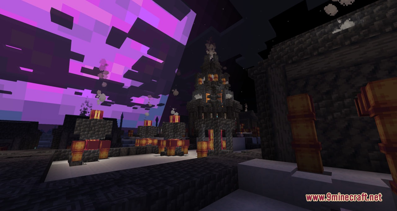 Celestial Outpost Frontier Mod Screenshot 1 A dark planetary outpost with glowing lanterns under a massive purple moon