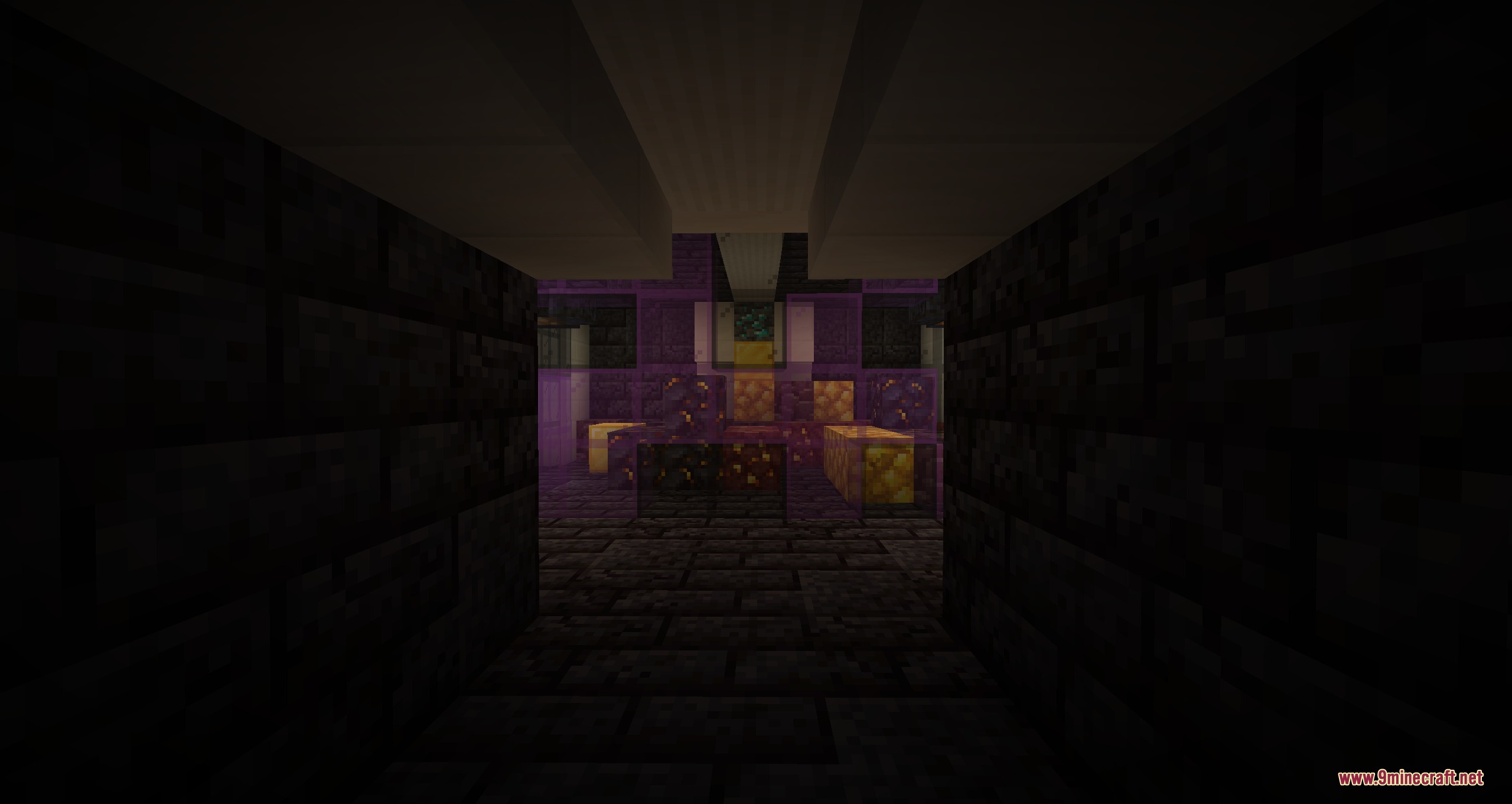 Celestial Outpost Frontier Mod Screenshot 2 A dark stone hallway looking into a purple chamber with glowing blocks