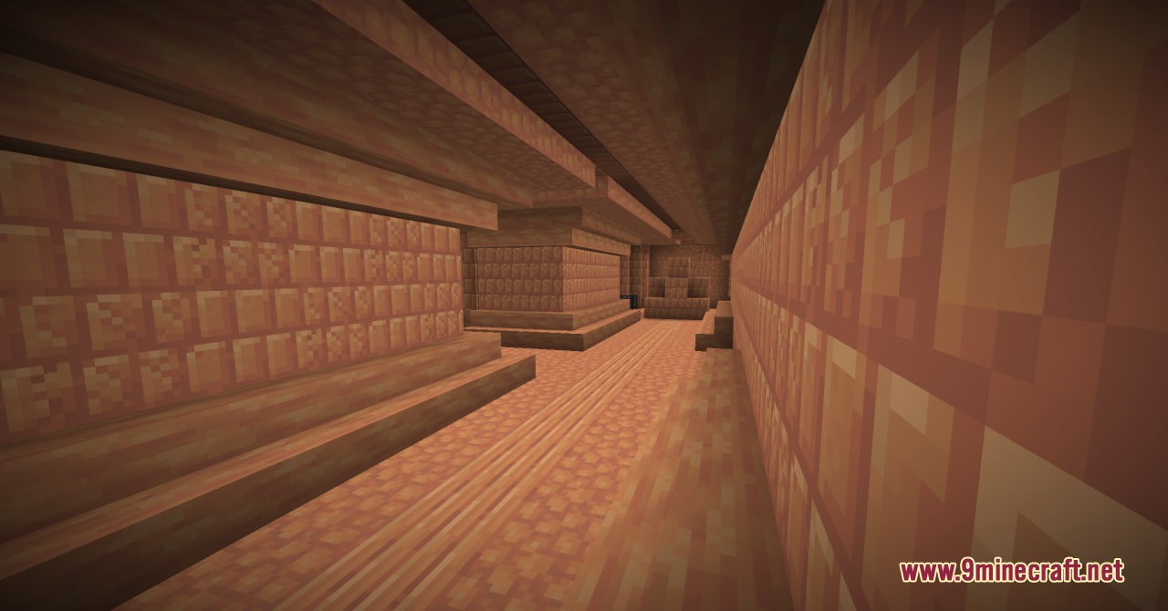 Celestial Outpost Frontier Mod Screenshot 3 A narrow corridor with orange runic walls inside a planetary outpost dungeon