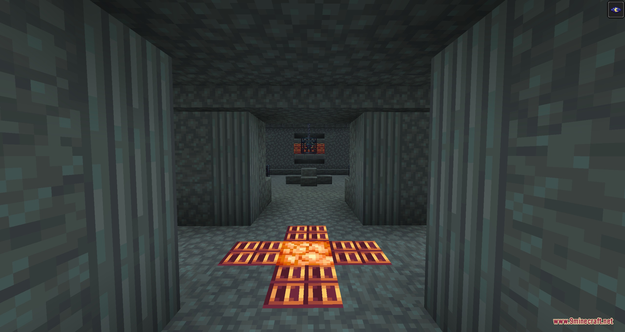 Celestial Outpost Frontier Mod Screenshot 4 A dark stone chamber with a glowing floor pattern and a mob spawner