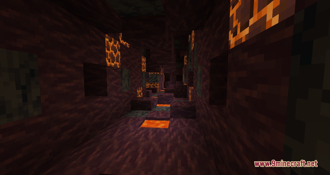 Celestial Outpost Frontier Mod Screenshot 5 A dark dungeon tunnel with glowing magma blocks and lava pools