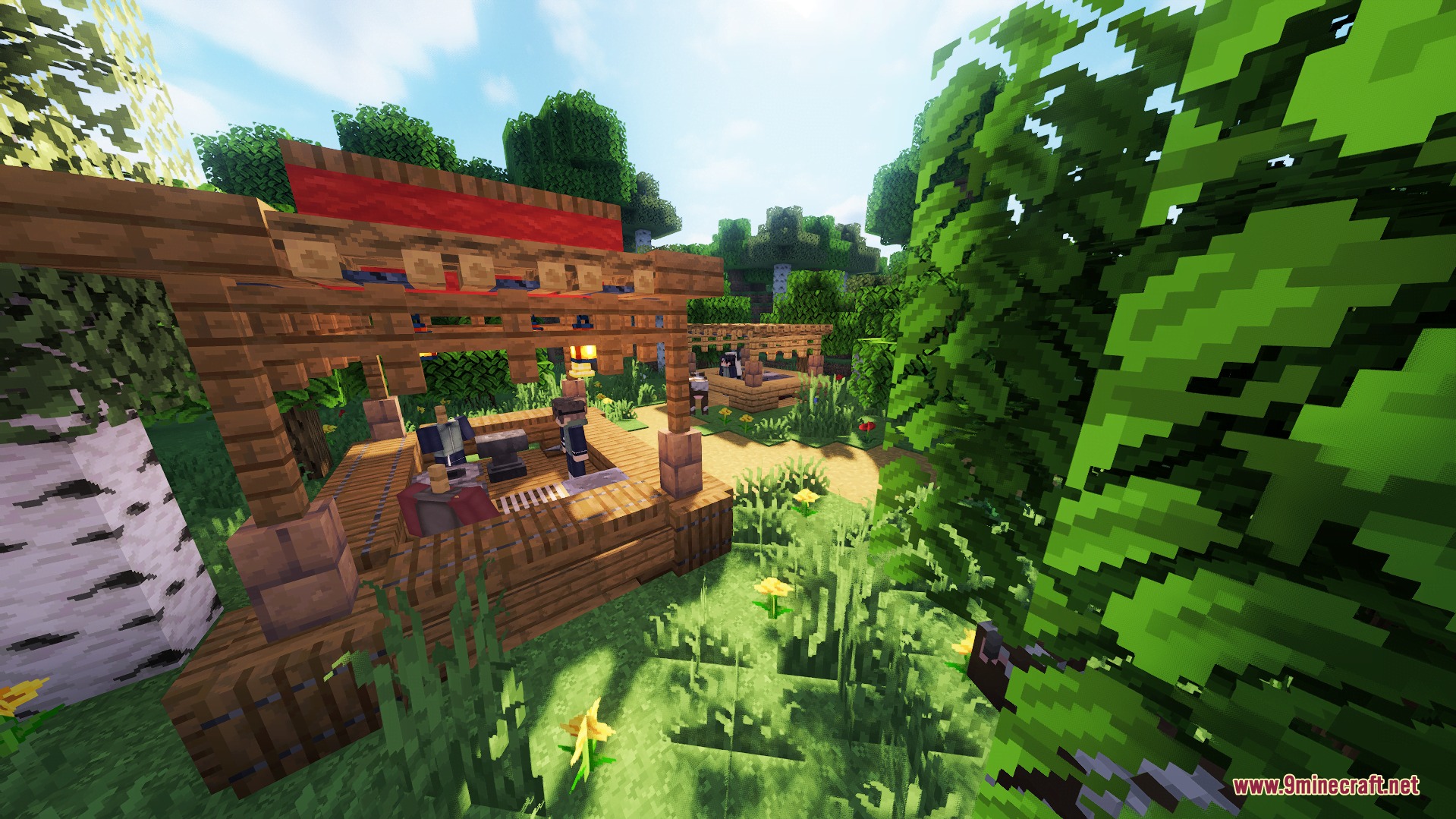 A player standing inside a custom wooden ninja structure in the forest