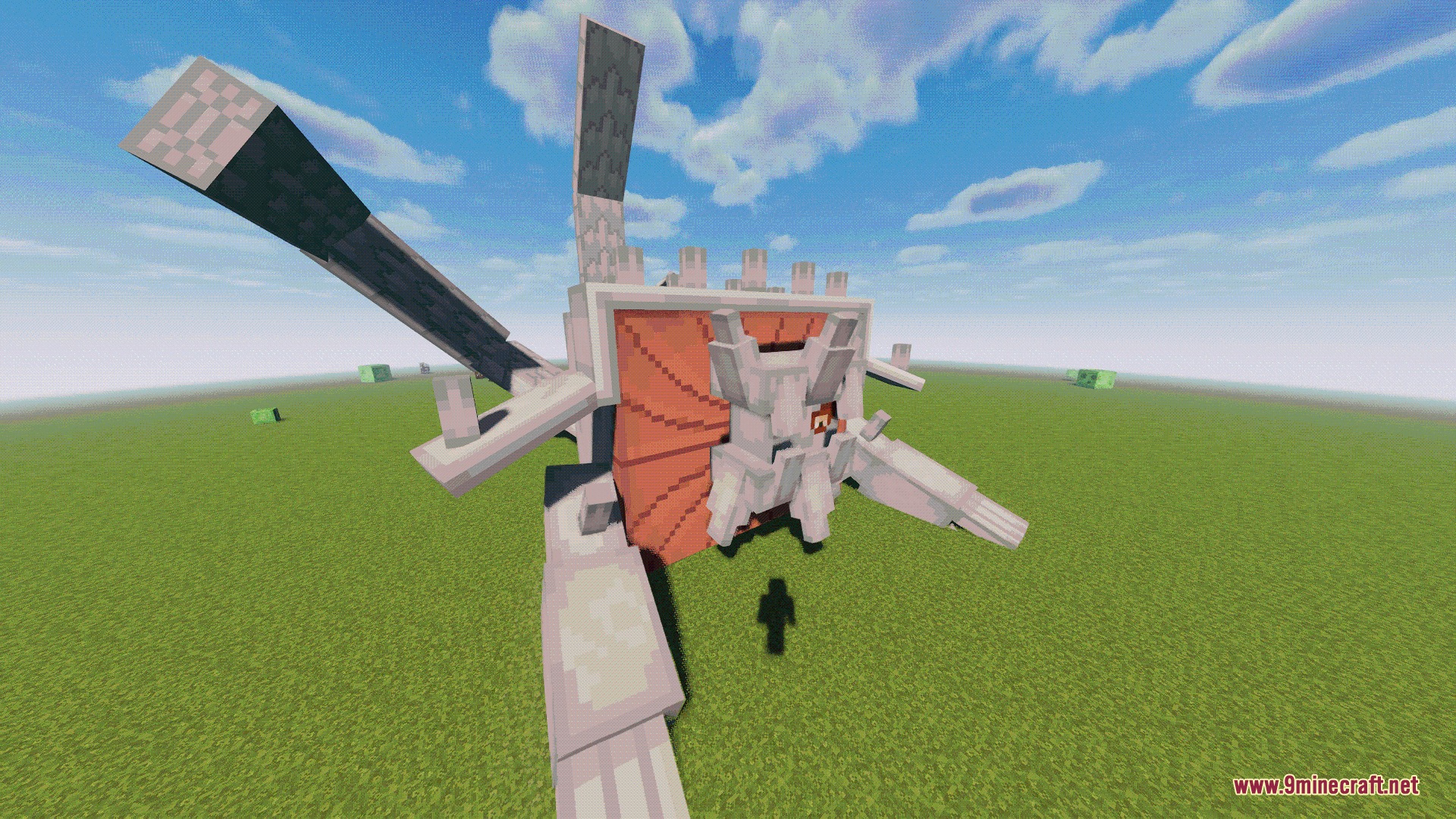 A giant white and orange Susanoo boss standing on a flat field