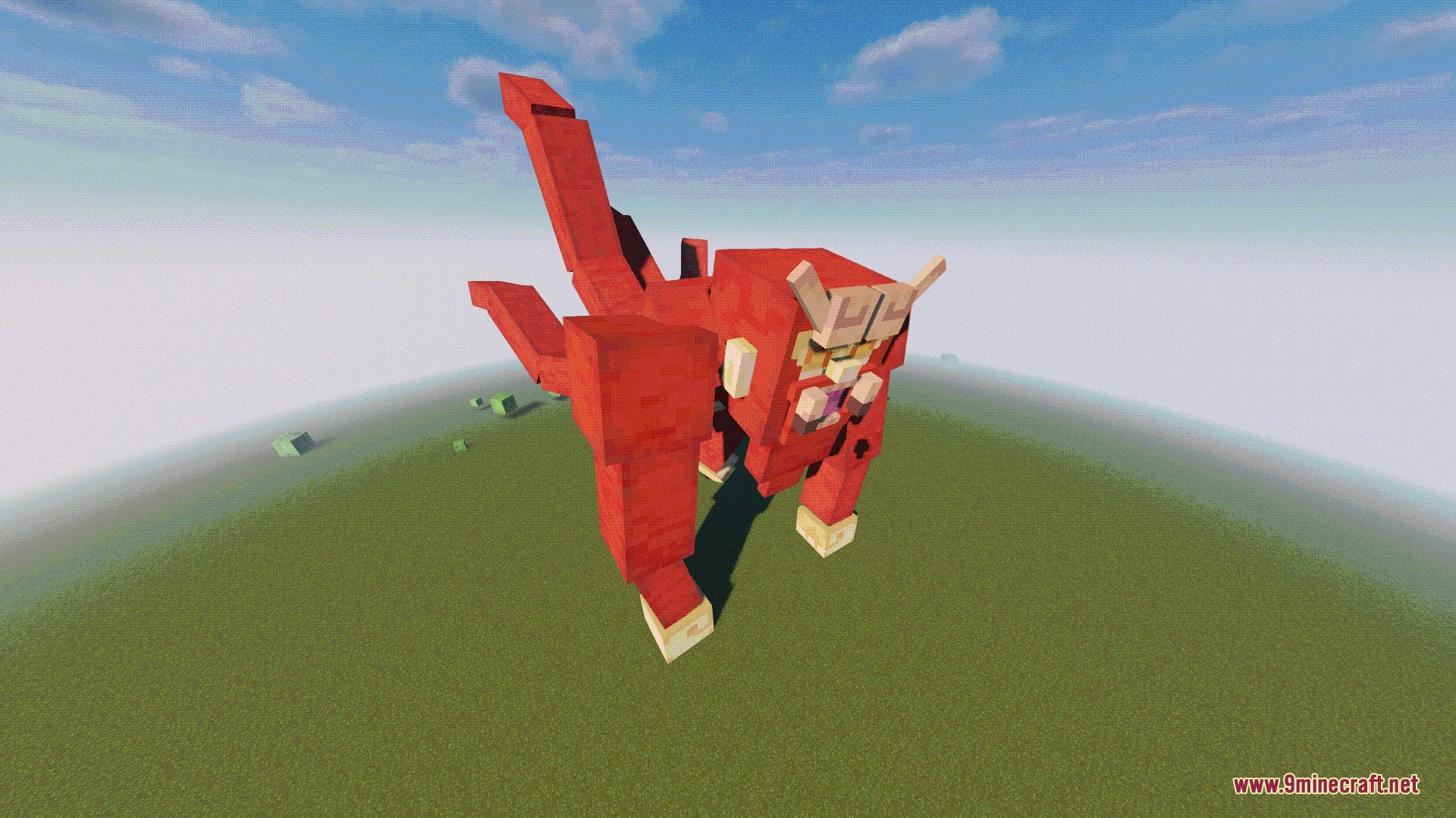 A giant red Four Tails monkey creature standing in a flat landscape