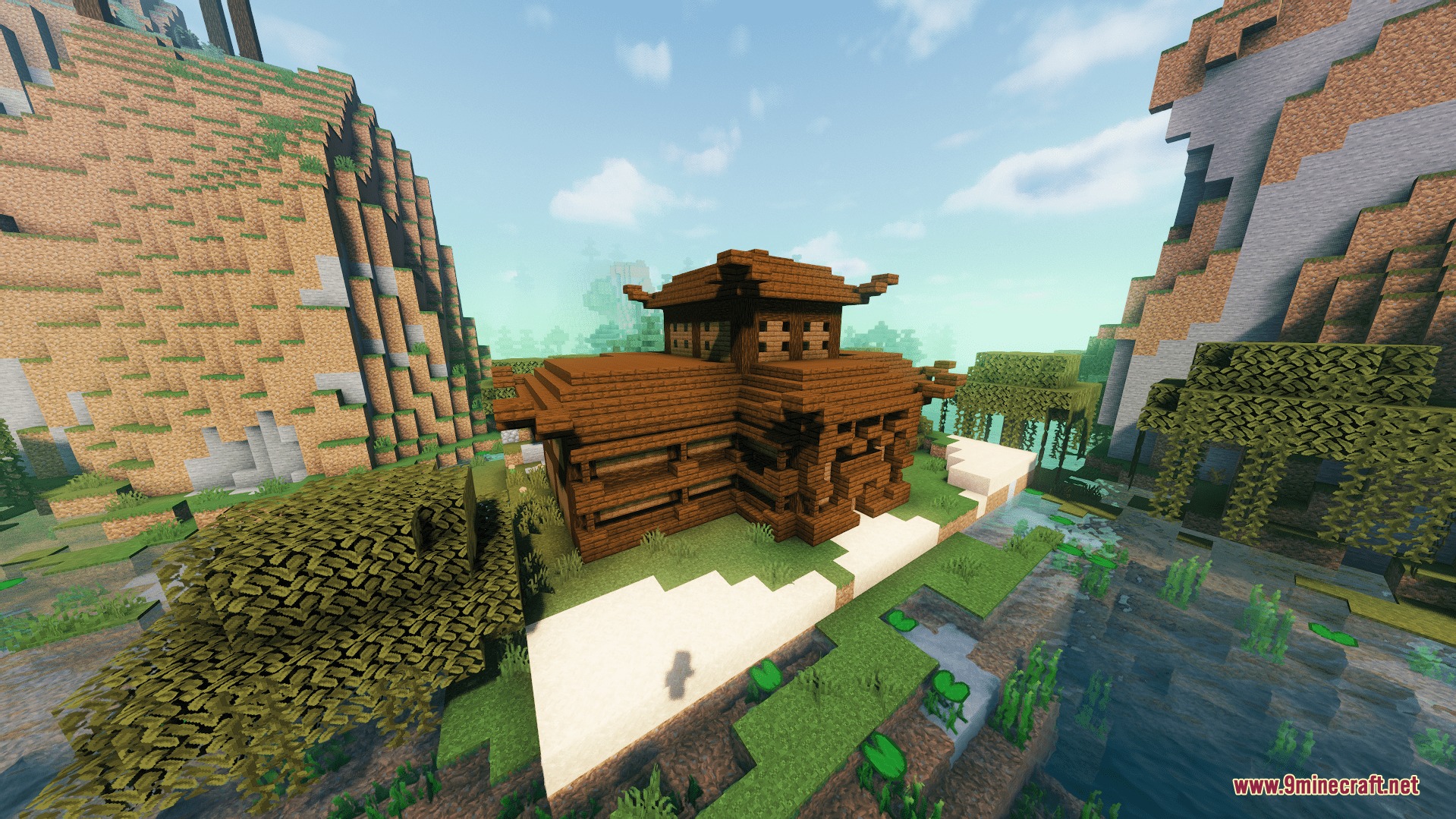 A traditional wooden Japanese building located in a swampy Minecraft mountain biome