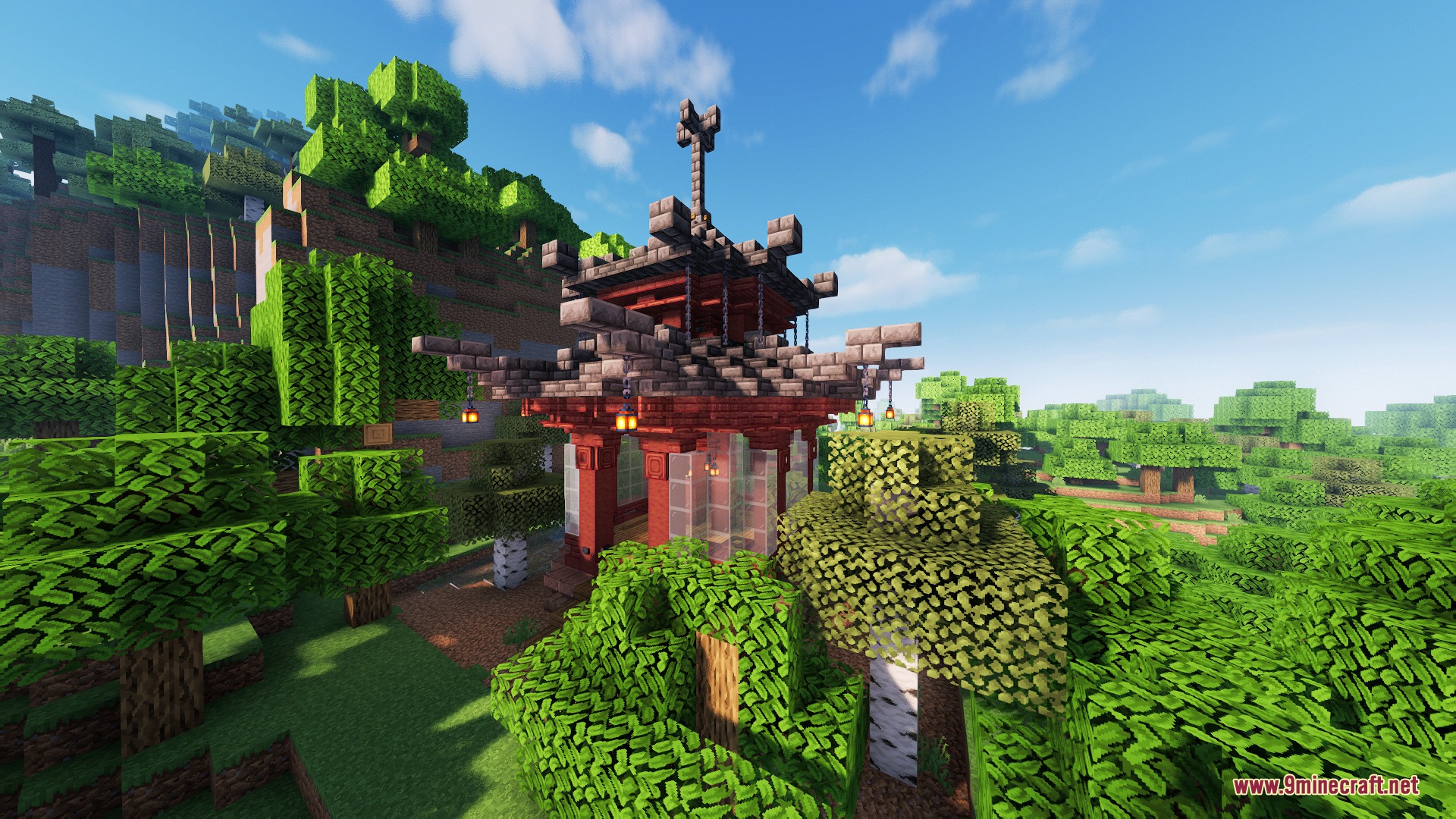 A traditional Japanese pagoda structure stands in a lush green forest biome
