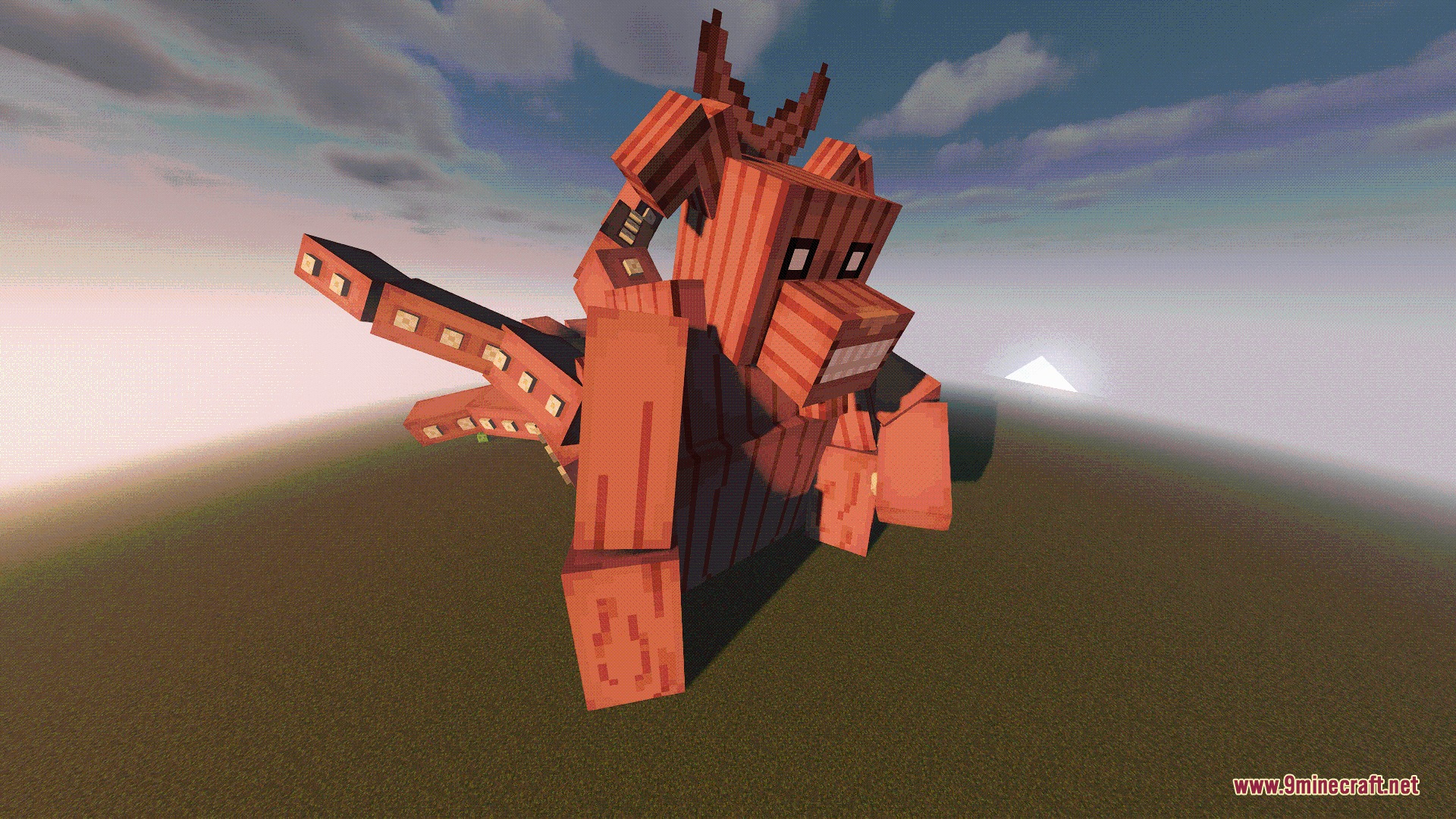 A massive orange fox beast with multiple tails stands in a flat world