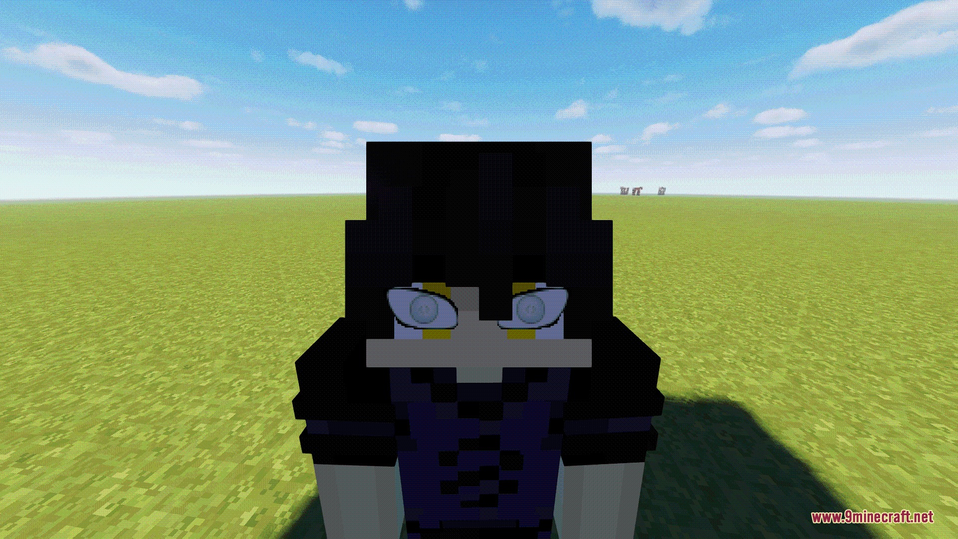 Close up of a Minecraft character with black hair and white eyes