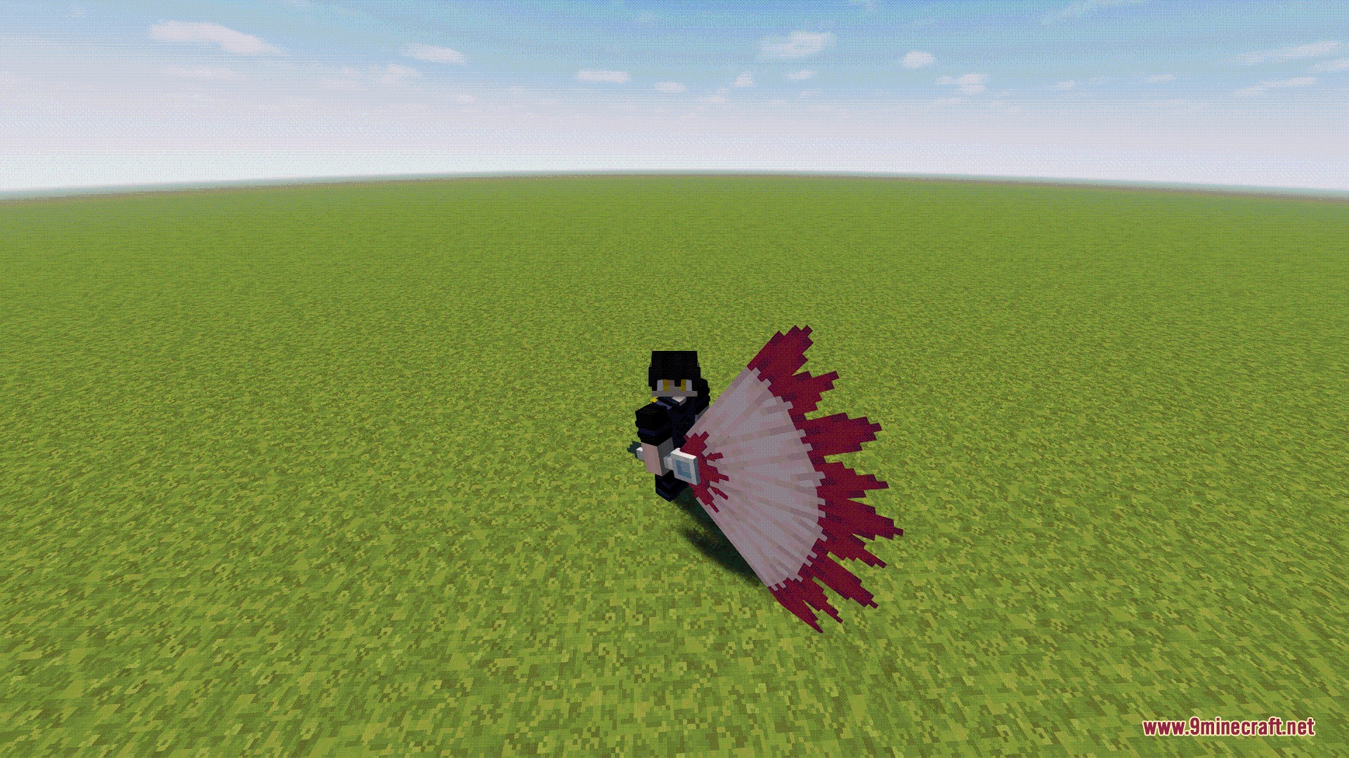 A Minecraft character holding a large red and white war fan in a field