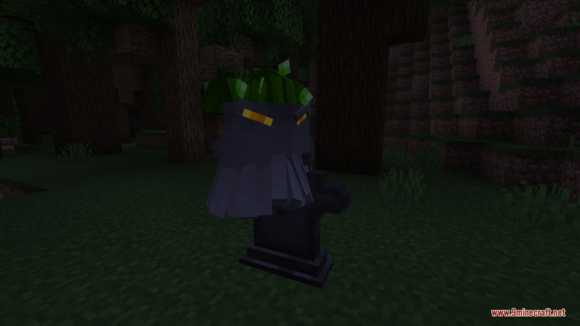 A dark plant creature sits on a tombstone in a spooky forest