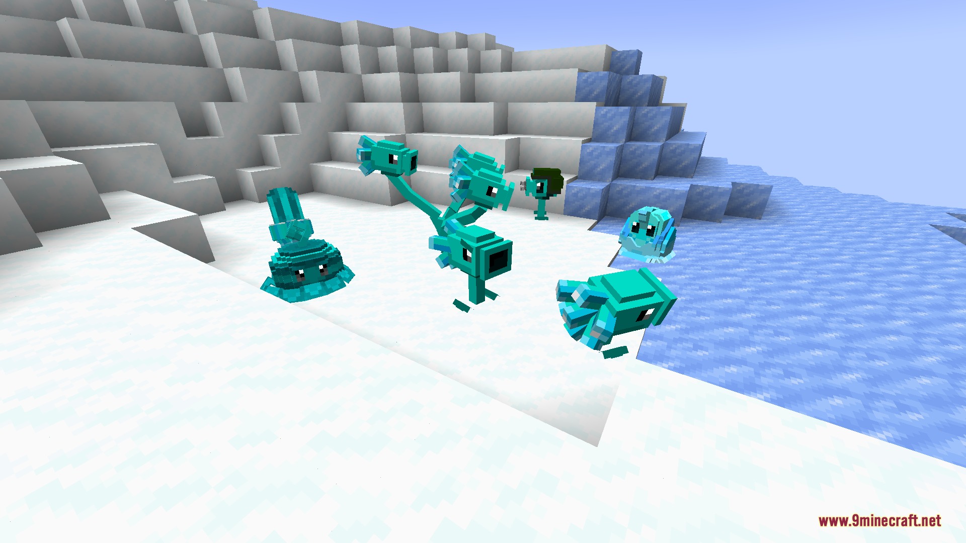 Ice themed plant defenders stand on snow in a frozen biome