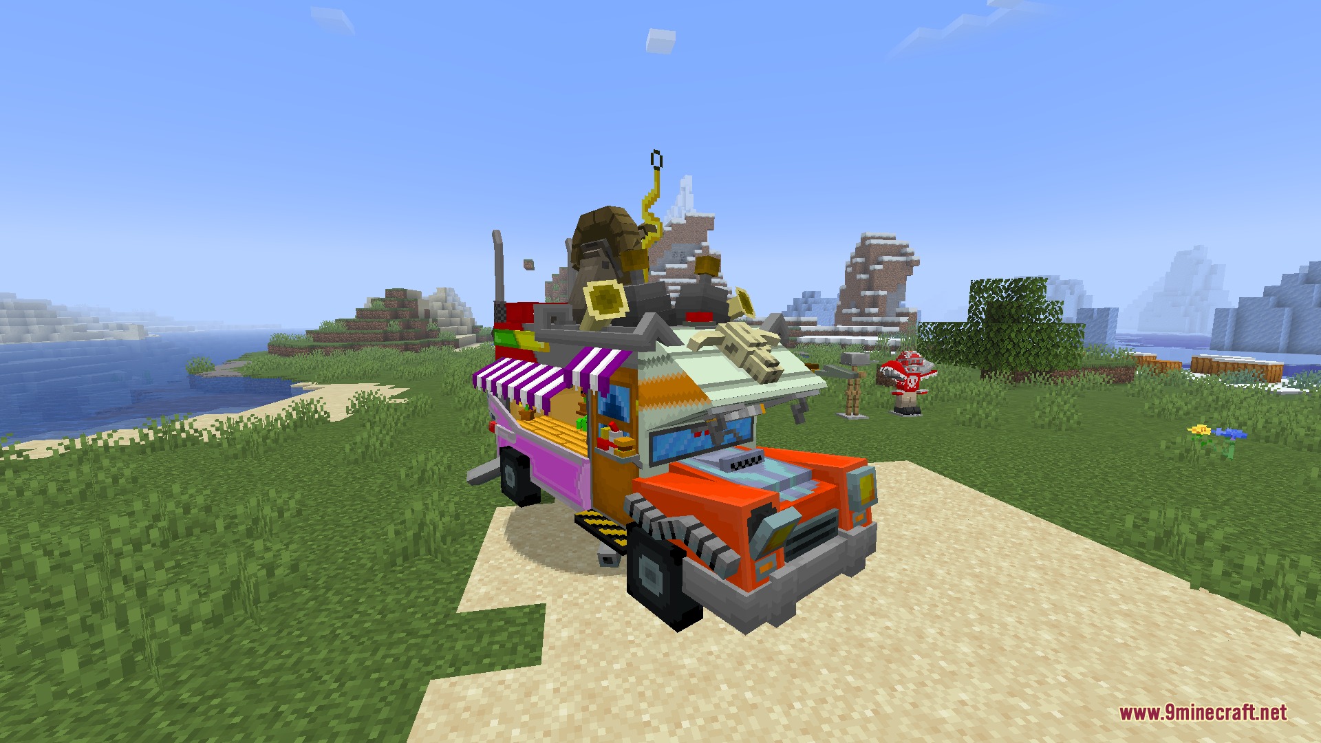 A colorful and decorated vehicle parked on a beach in a Minecraft landscape