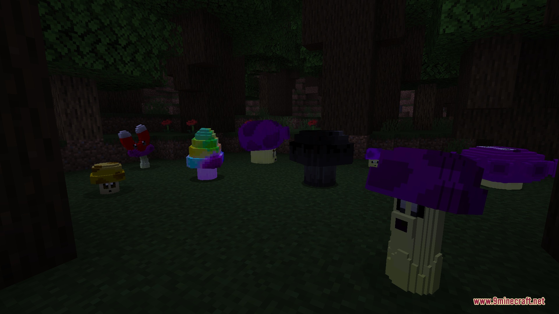A group of colorful defensive mushrooms standing in a dark Minecraft forest