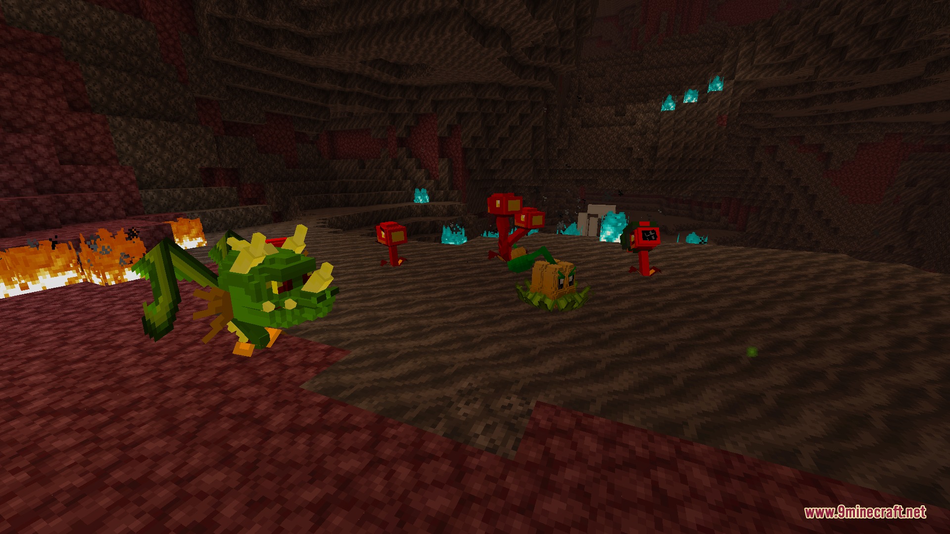 A green Snap Dragon mob stands near fire plants in a dark cavern