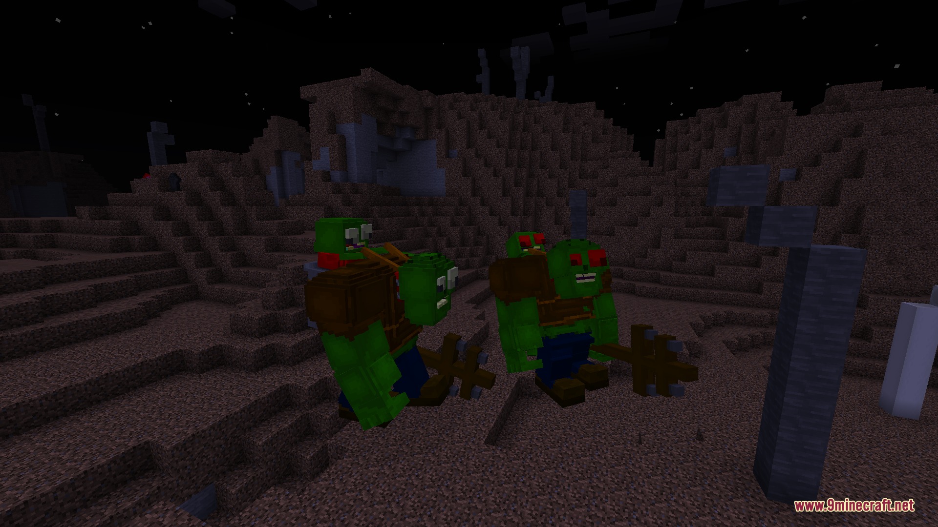 Two giant Gargantuar zombies carrying smaller imps walk through a dark biome