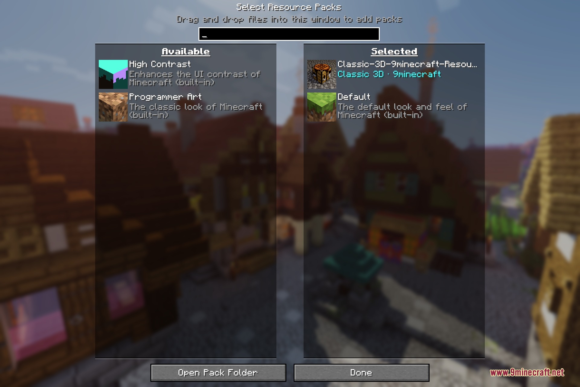Selecting the Classic 3D resource pack in the Minecraft Resource Packs menu