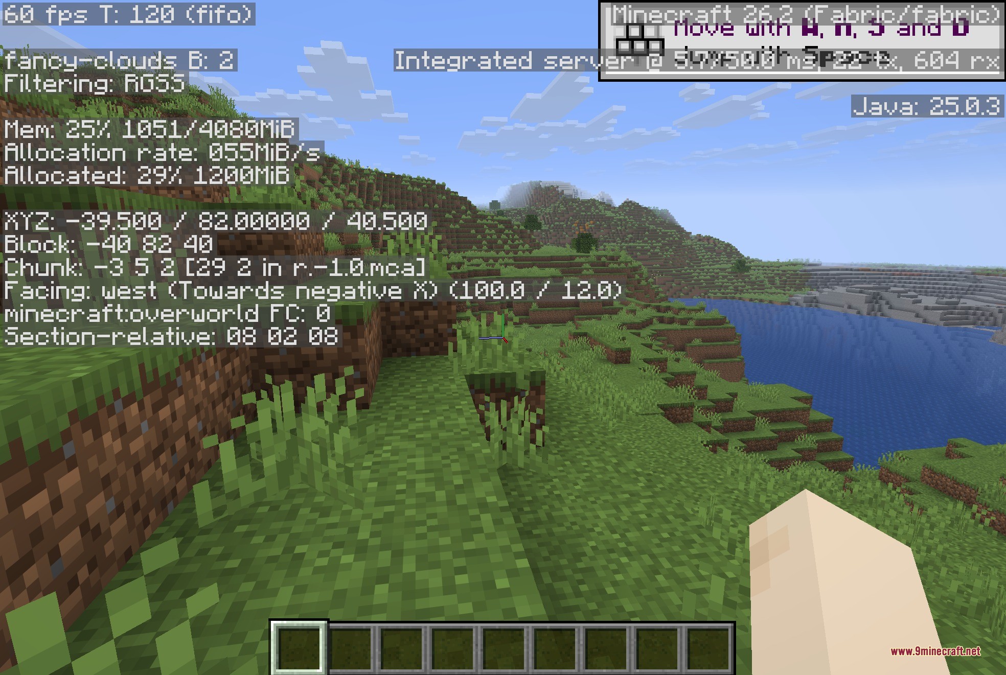 Clean F3 9minecraft Mod Screenshot 2 A decluttered debug screen displaying coordinates and chunk info over grassy hills