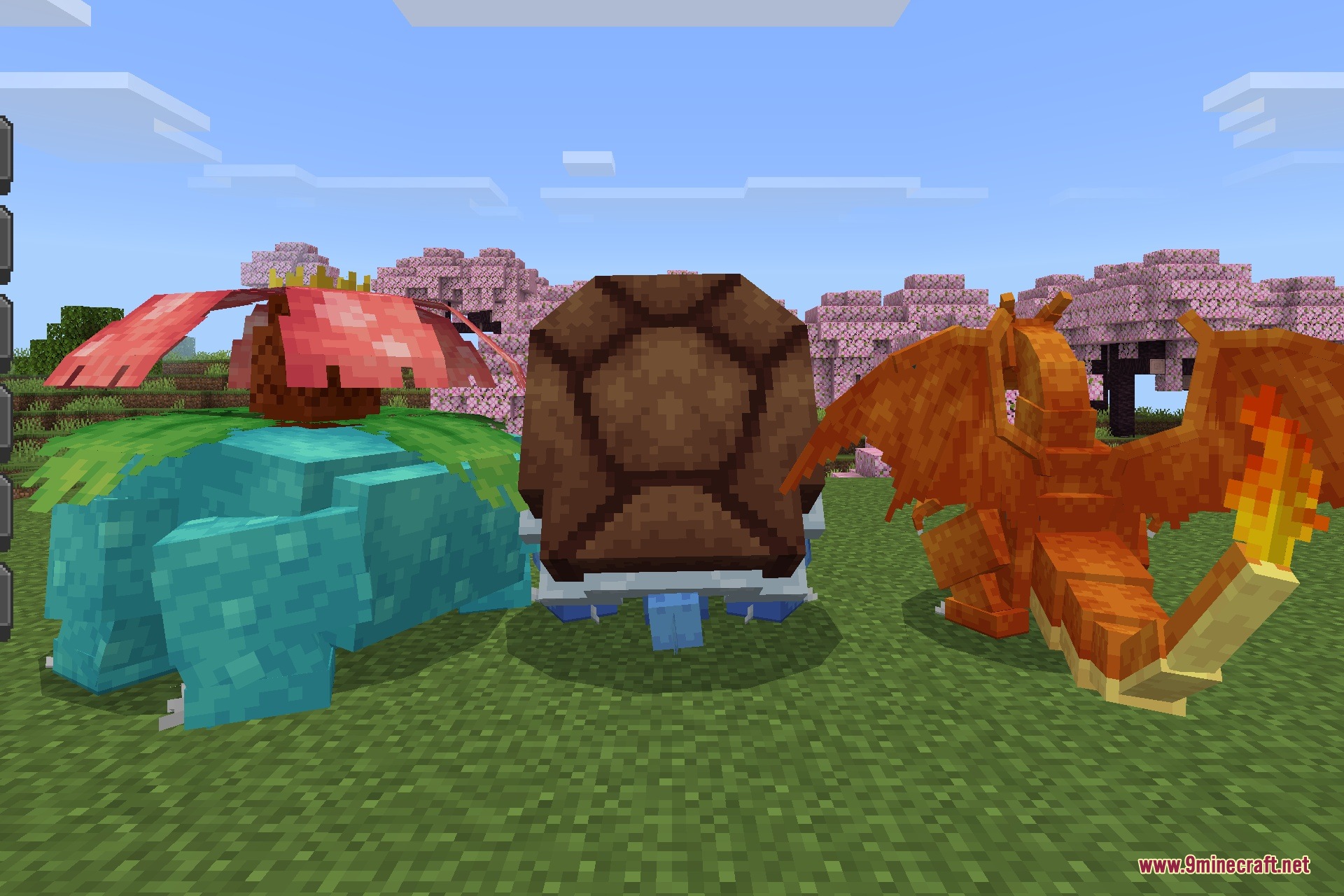 CobbleDrock 1.2.3 Gym Challenge Update Addon Screenshot 1 Venusaur Blastoise and Charizard models standing on a grassy field in Minecraft