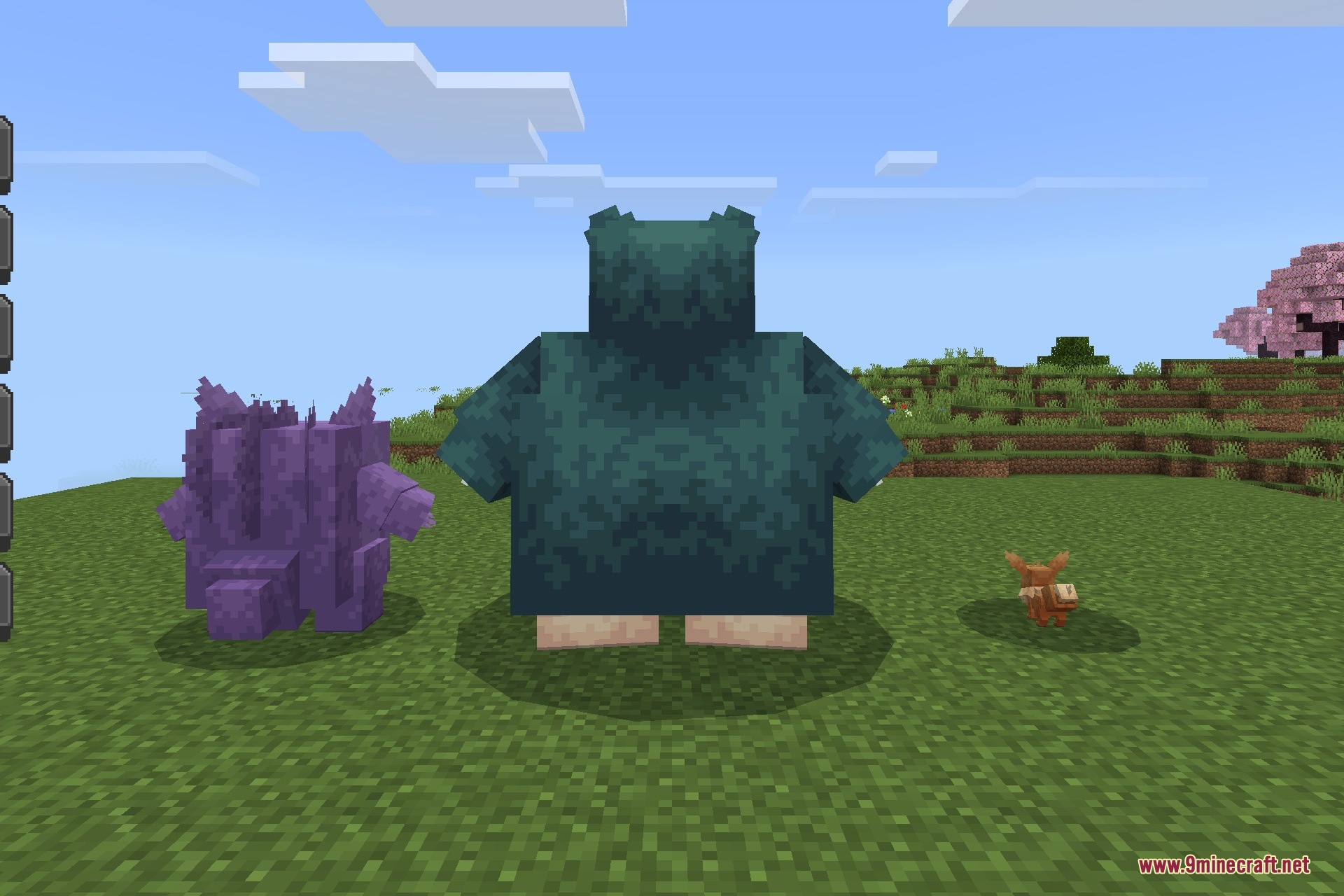 CobbleDrock 1.2.3 Gym Challenge Update Addon Screenshot 2 Gengar Snorlax and Eevee models standing together in a grassy Minecraft biome