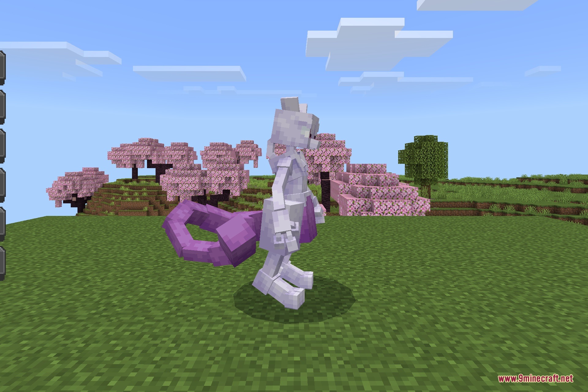 CobbleDrock 1.2.3 Gym Challenge Update Addon Screenshot 4 Mewtwo standing in a cherry blossom biome within the Minecraft world
