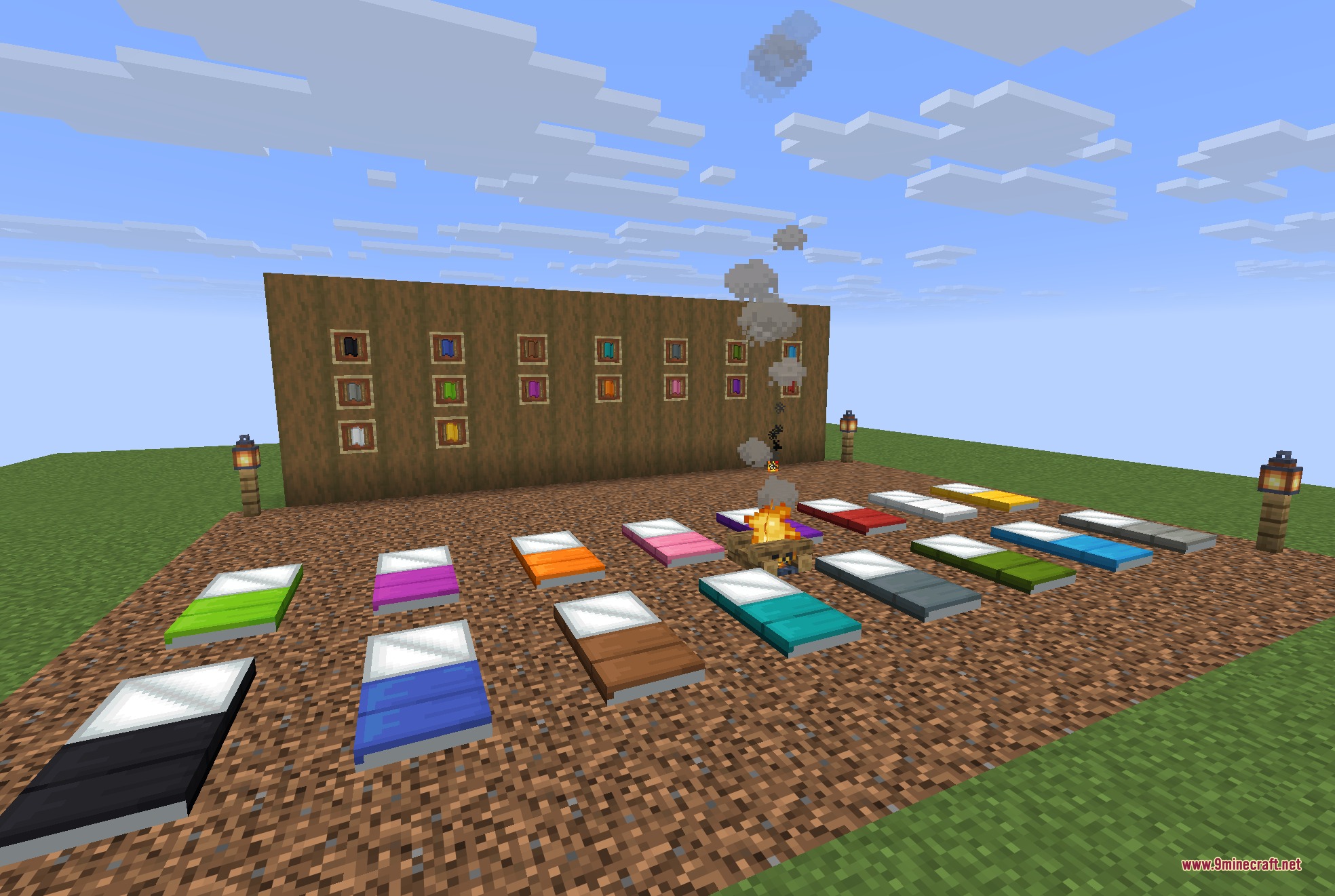 Comforts Modernized 9minecraft Resource Pack Screenshot 1 Various colorful sleeping bags and item frames displayed around a central campfire area