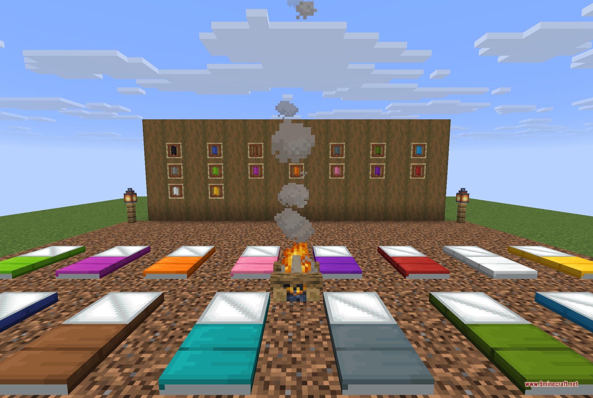 Comforts Modernized 9minecraft Resource Pack Screenshot 2 Symmetrical arrangement of vibrant sleeping bags surrounding a burning campfire on dirt ground