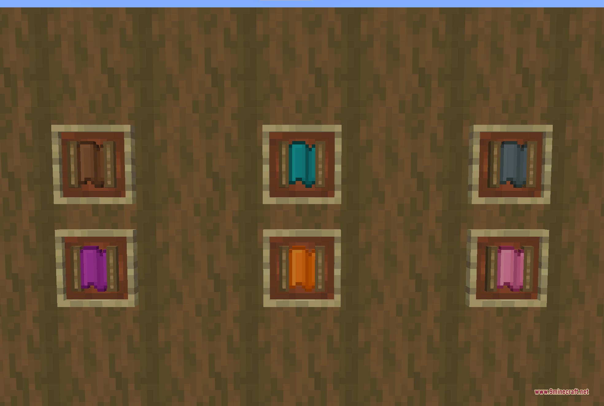 Comforts Modernized 9minecraft Resource Pack Screenshot 3 Six colorful hammocks displayed in item frames on a wooden wall