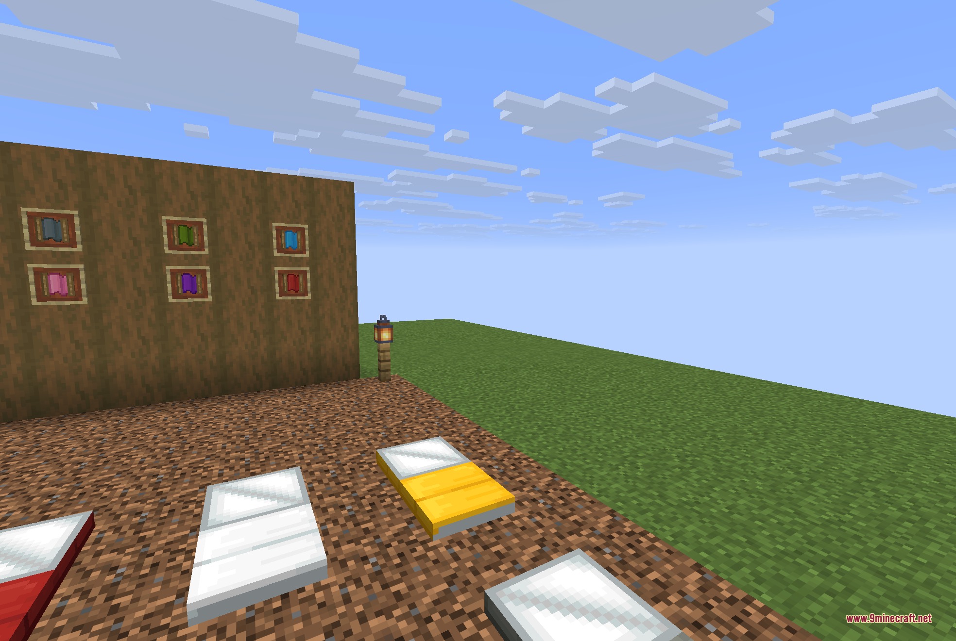 Comforts Modernized 9minecraft Resource Pack Screenshot 4 Colorful sleeping bags and hammocks displayed in a flat Minecraft world