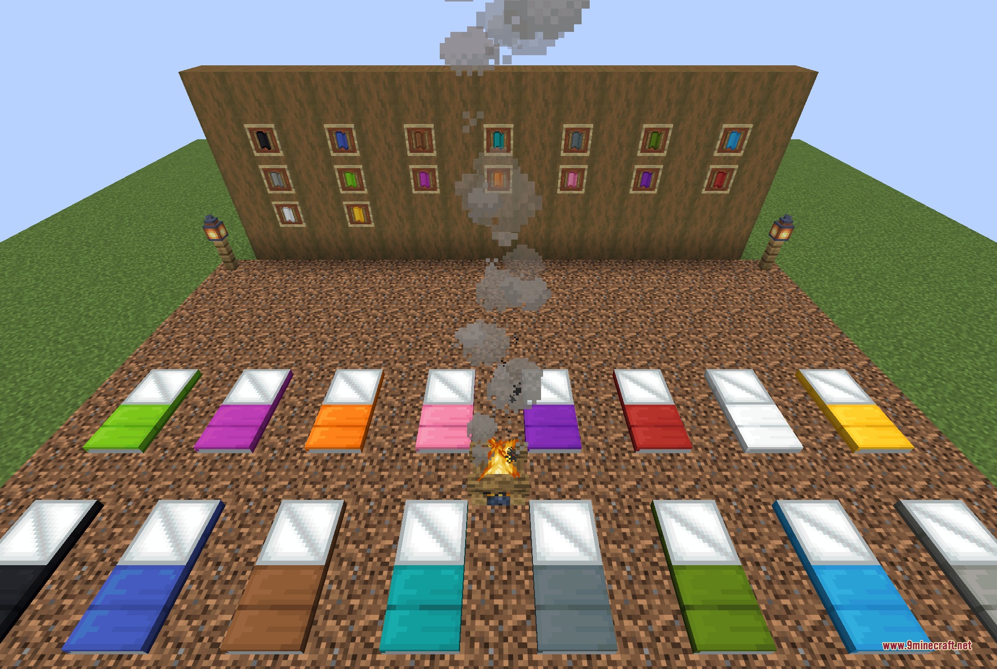 Comforts Modernized 9minecraft Resource Pack Screenshot 5 Colorful sleeping bags and hammocks arranged around a campfire in Minecraft