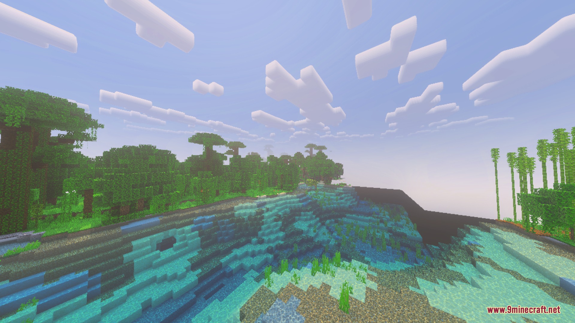 Lush jungle trees and a river under blocky Complementary Reimagined clouds