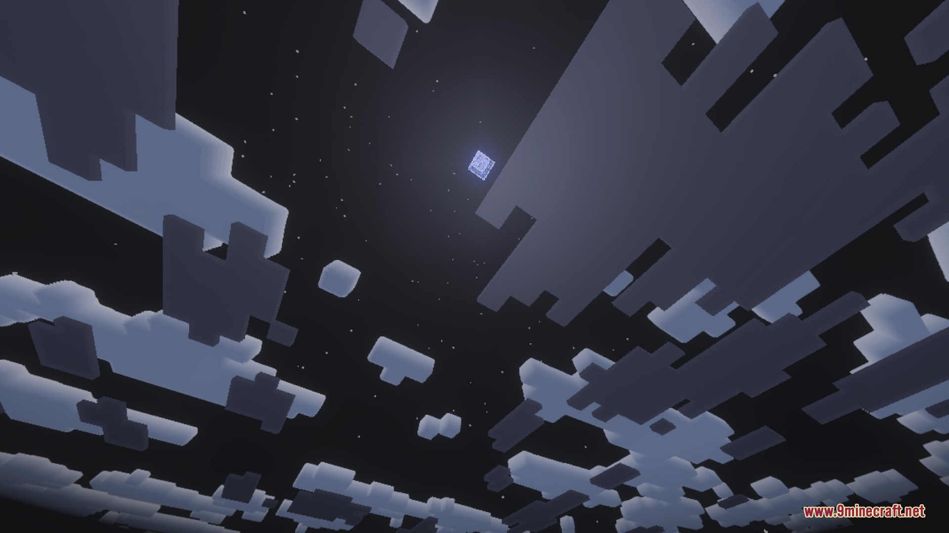 Blocky clouds drifting across a dark night sky with a small square moon
