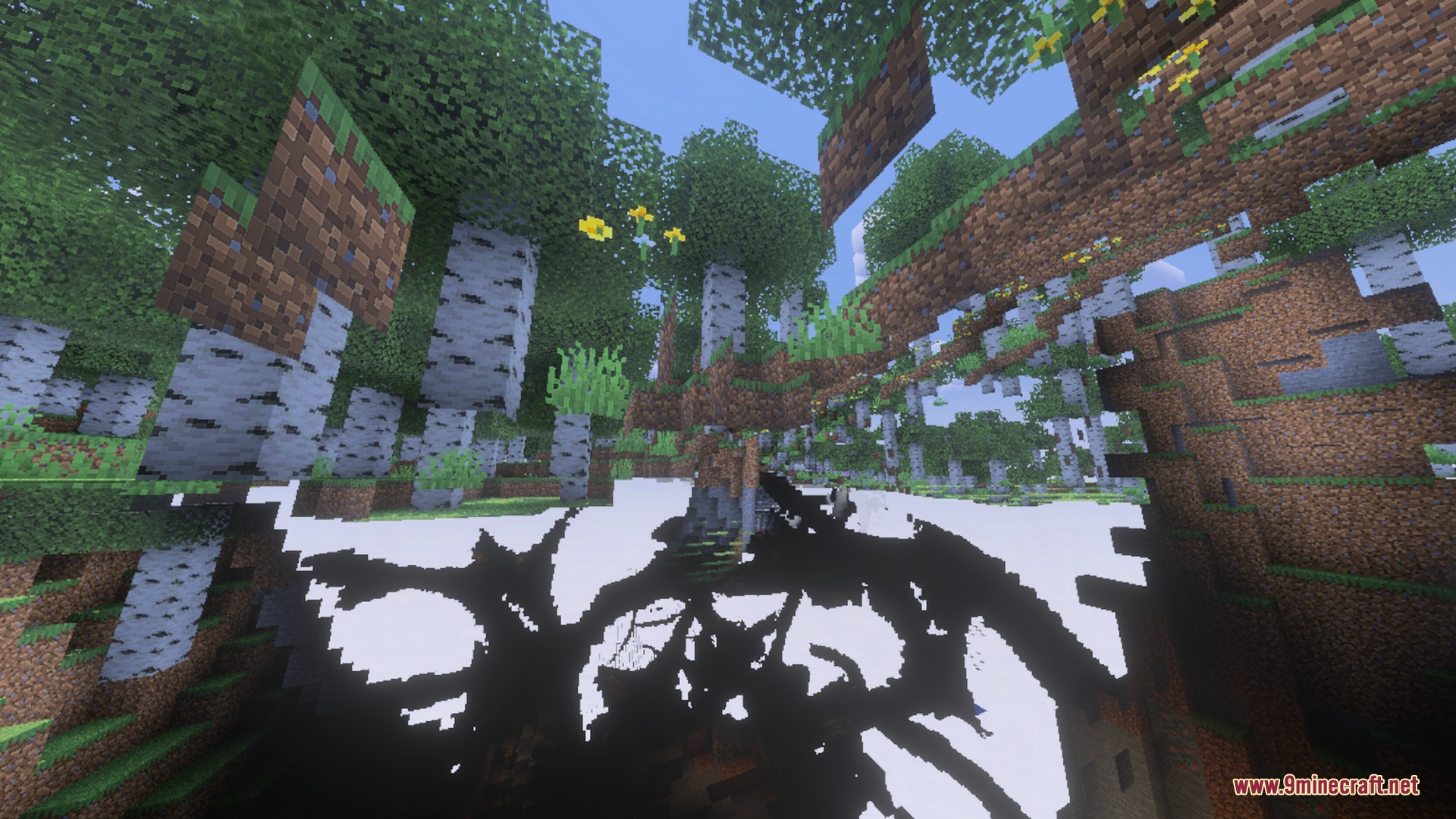 A view from below the ground showing floating trees and a black silhouette