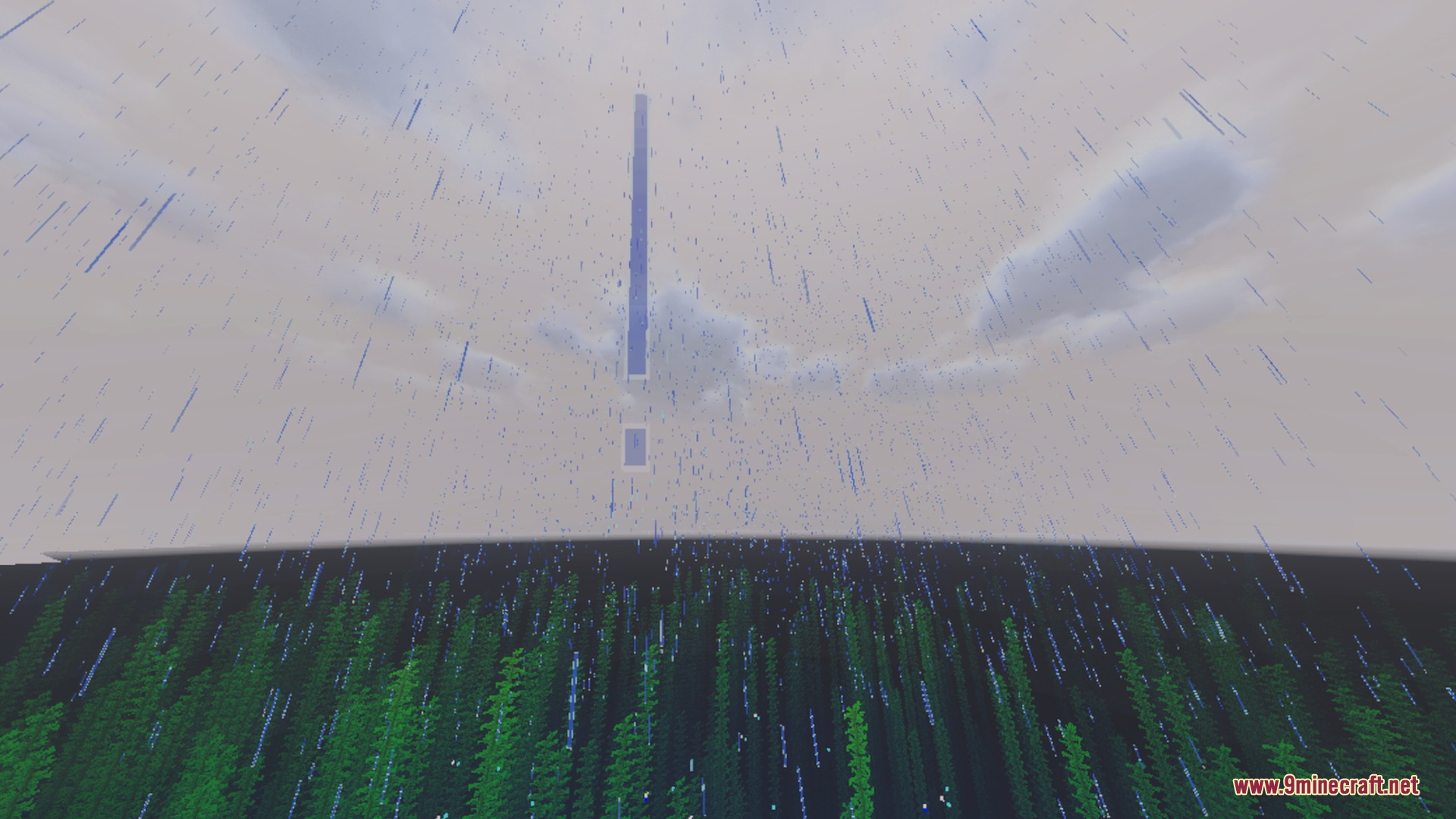 Rain falls from the sky over a deep ocean filled with green kelp