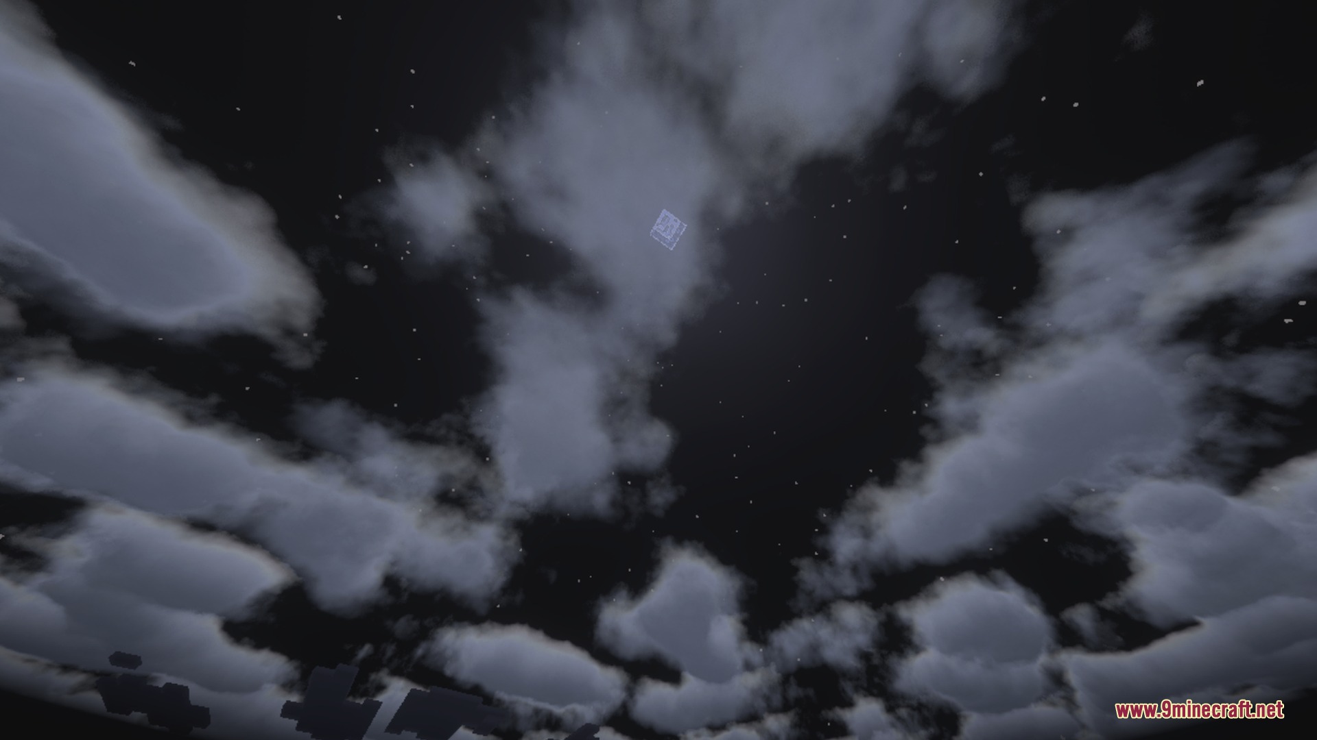 Deep night sky with soft clouds and glowing stars in a blocky world