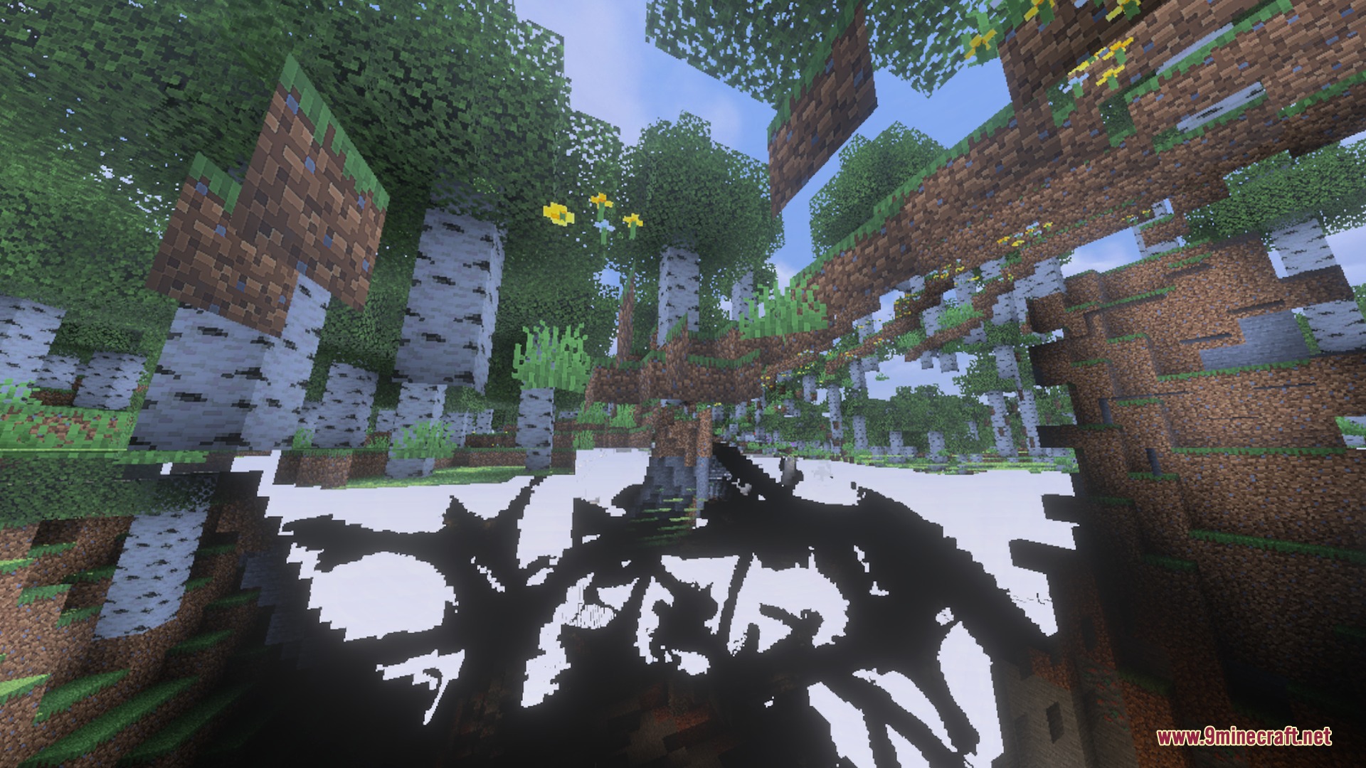 Birch forest with floating blocks and a large black and white ground pattern
