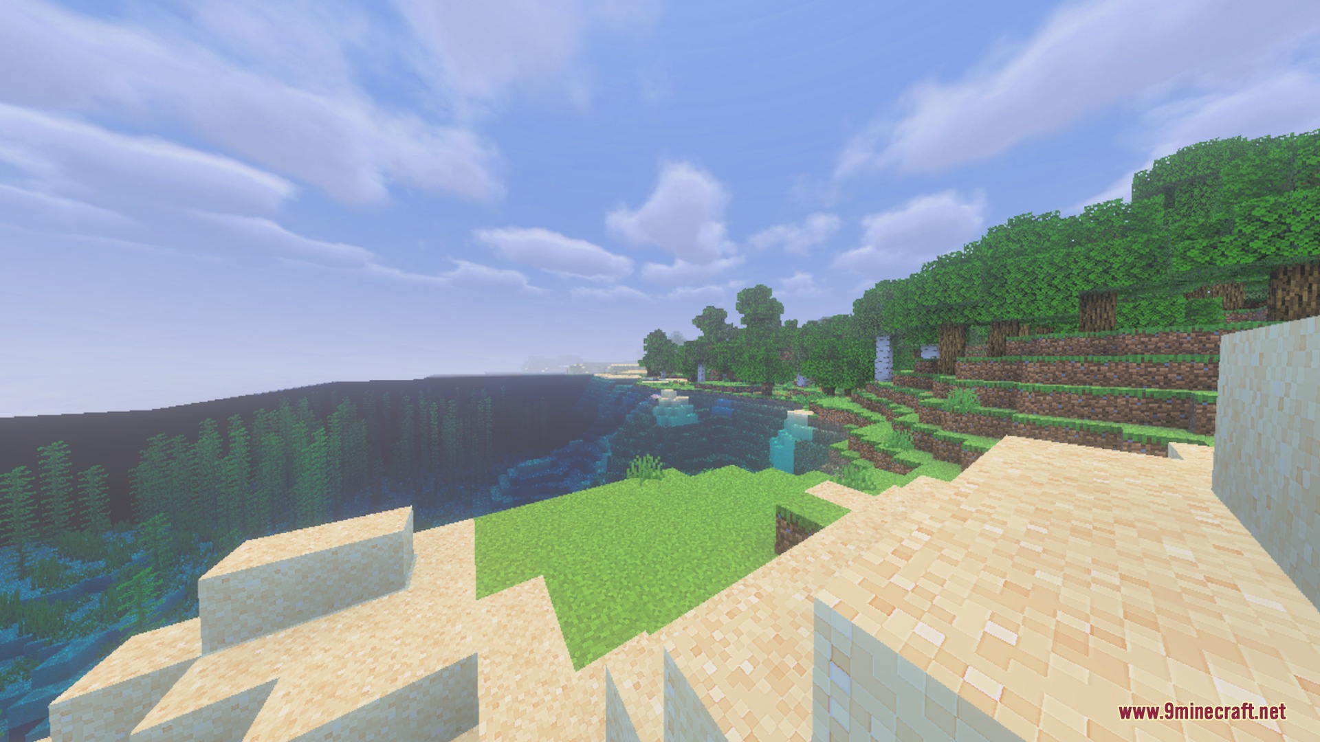 Soft white clouds drift over a lush Minecraft landscape with a sandy beach